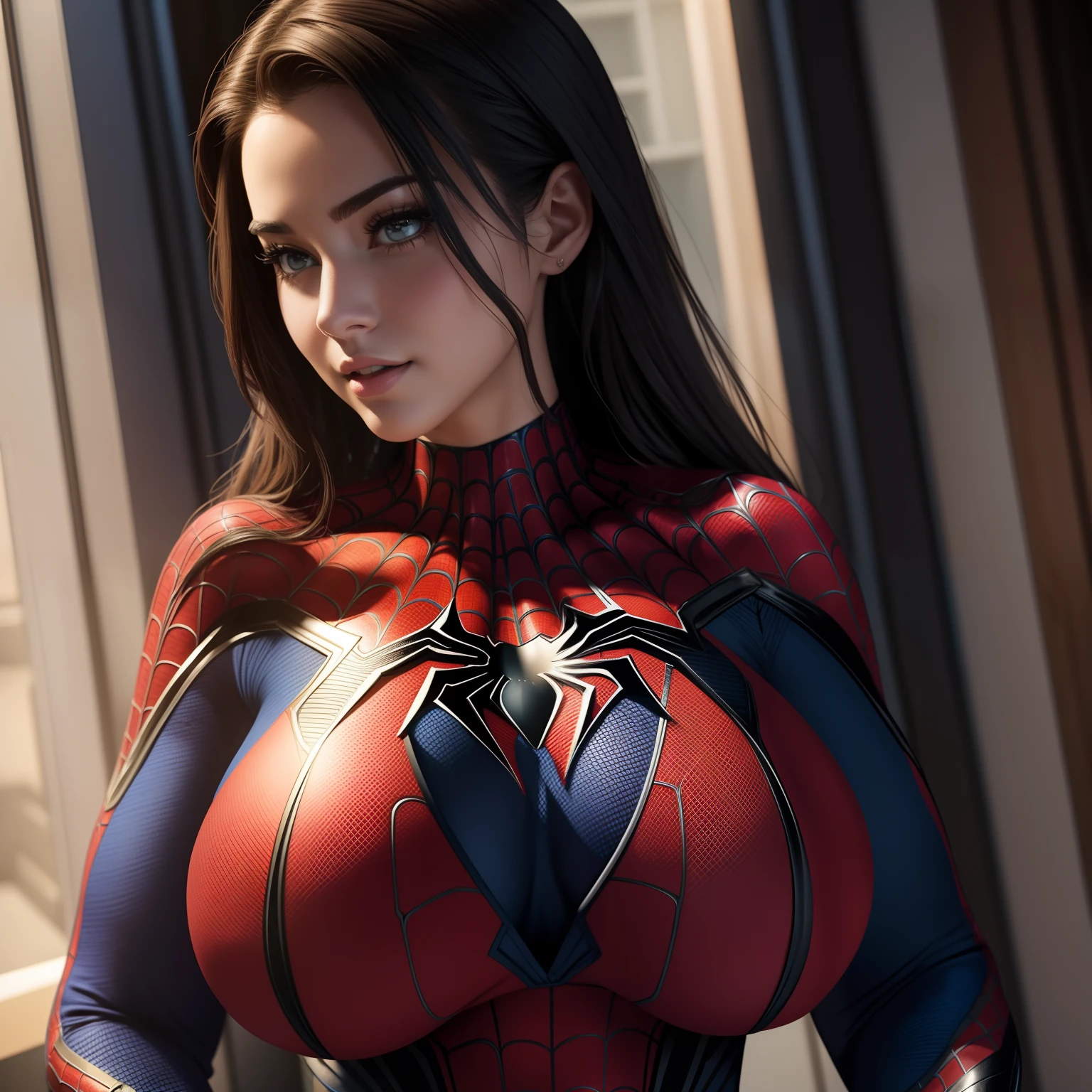 Woman in Spider-Man Clothes、A 、Adult　realisitic　Beautie　Beautiful fece　huge 　Beautiful 