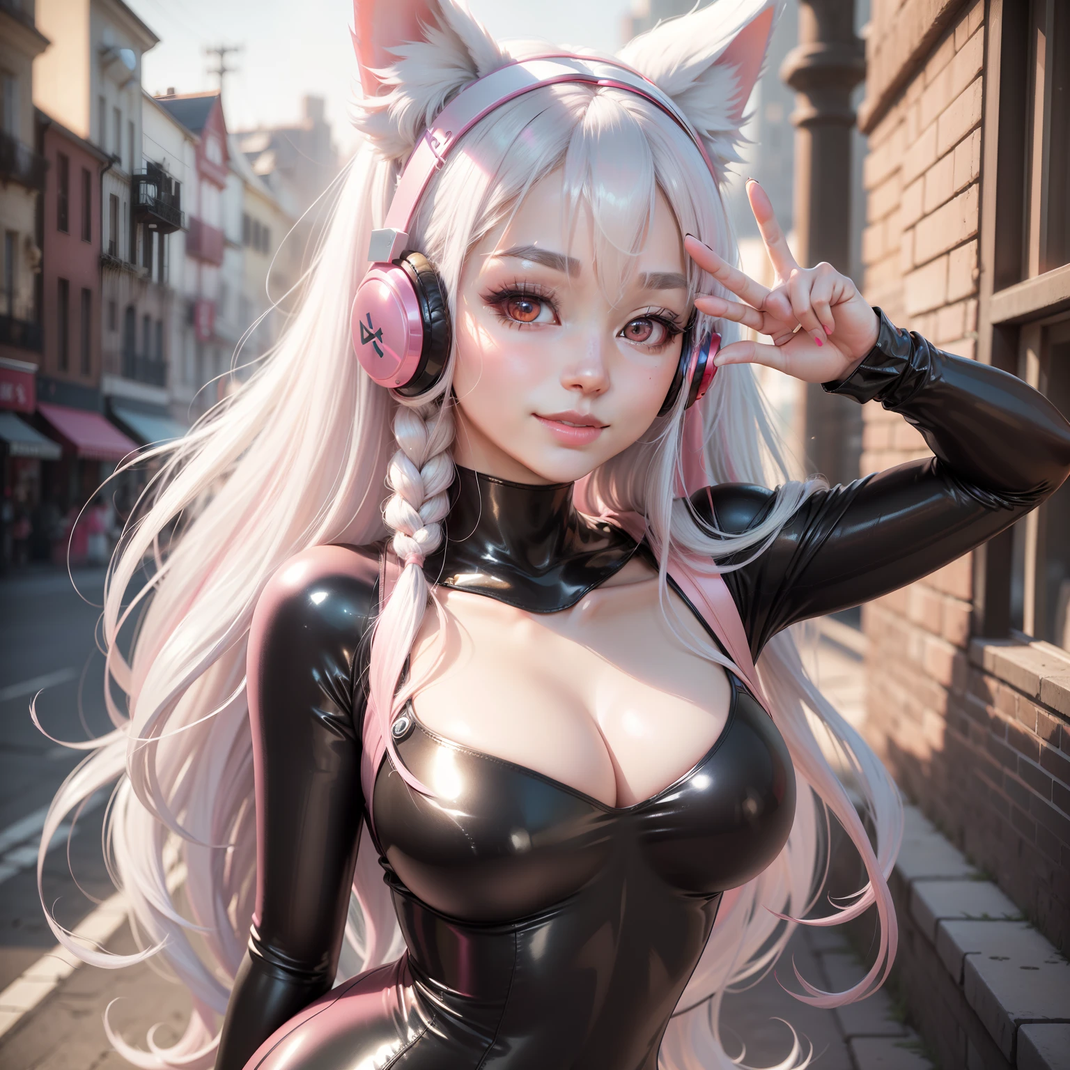 best quality, ultra high res, (photorealistic:1.4),masterpiece,1girl, Kpop idol,(aegyo sal:1.0),puffy eyes,(City of ruins),alice \(nikke\),(pink bodysuit),((animal ear headphones)),(shiny clothes),twintails,(latex bodysuit),(rubber suit),shoes,(cleavage),(slender),((white hair)),(silver hair),(gray hair),((red pupil)),(looking at viewer),(smile),(long hair),nsfw,depth of field,detail face, shiny skin, nice detailed eyes, heavy eye makeup, slim waist, blush, detailed eye makeup,perfect anatomy,(pureerosface_v1:0.55),((pink coloured contacts)),(Giving the peace sign on both hands),V-sign,make a peace sign,