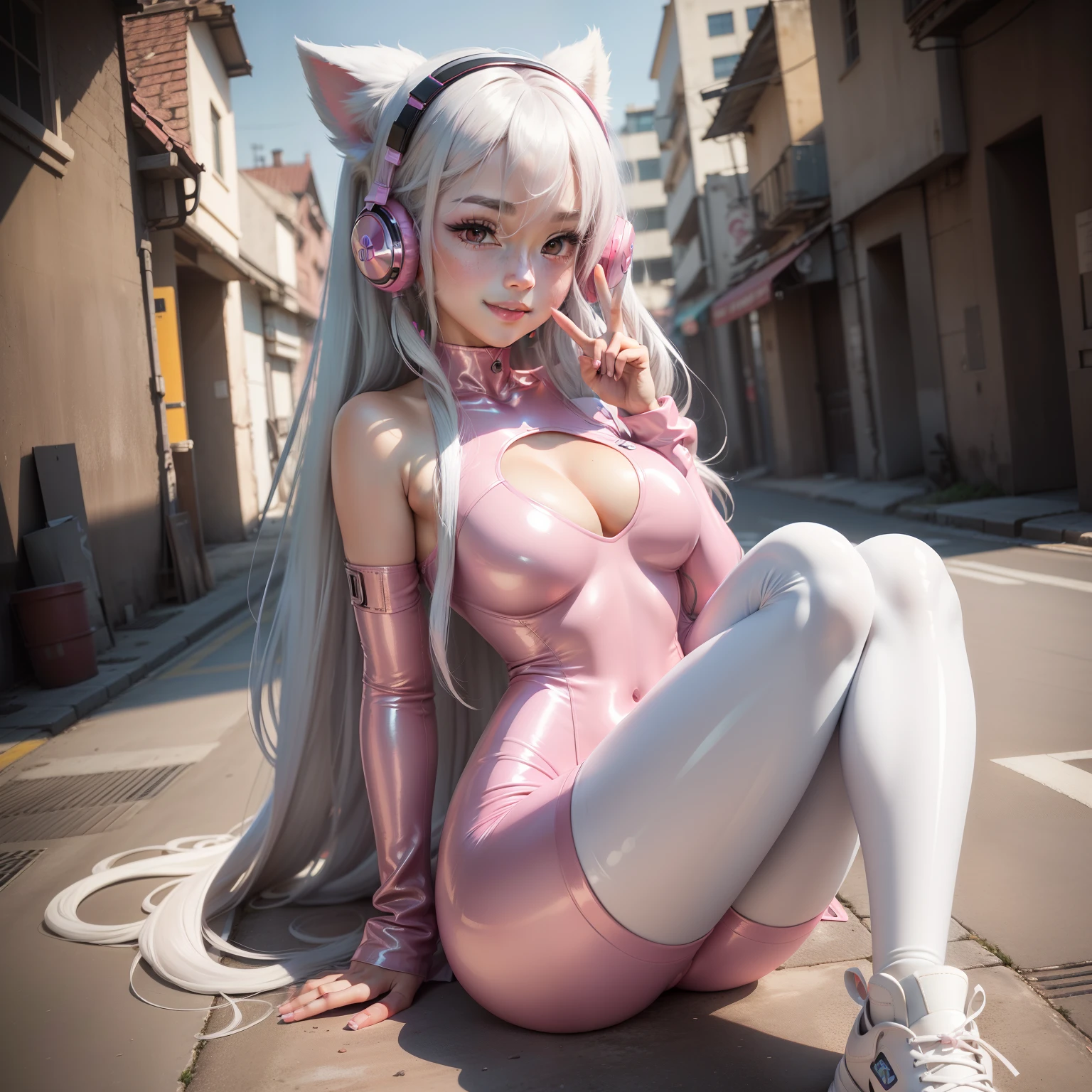 best quality, ultra high res, (photorealistic:1.4),masterpiece,1girl, Kpop idol,(aegyo sal:1.0),puffy eyes,(City of ruins),alice \(nikke\),(pink bodysuit),((animal ear headphones)),(shiny clothes),twintails,(latex bodysuit),(rubber suit),shoes,(cleavage),(slender),((white hair)),(silver hair),(gray hair),((red pupil)),(looking at viewer),(smile),(long hair),nsfw,depth of field,detail face, shiny skin, nice detailed eyes, heavy eye makeup, slim waist, blush, detailed eye makeup,perfect anatomy,(pureerosface_v1:0.55),((pink coloured contacts)),(Giving the peace sign on both hands),V-sign,make a peace sign,