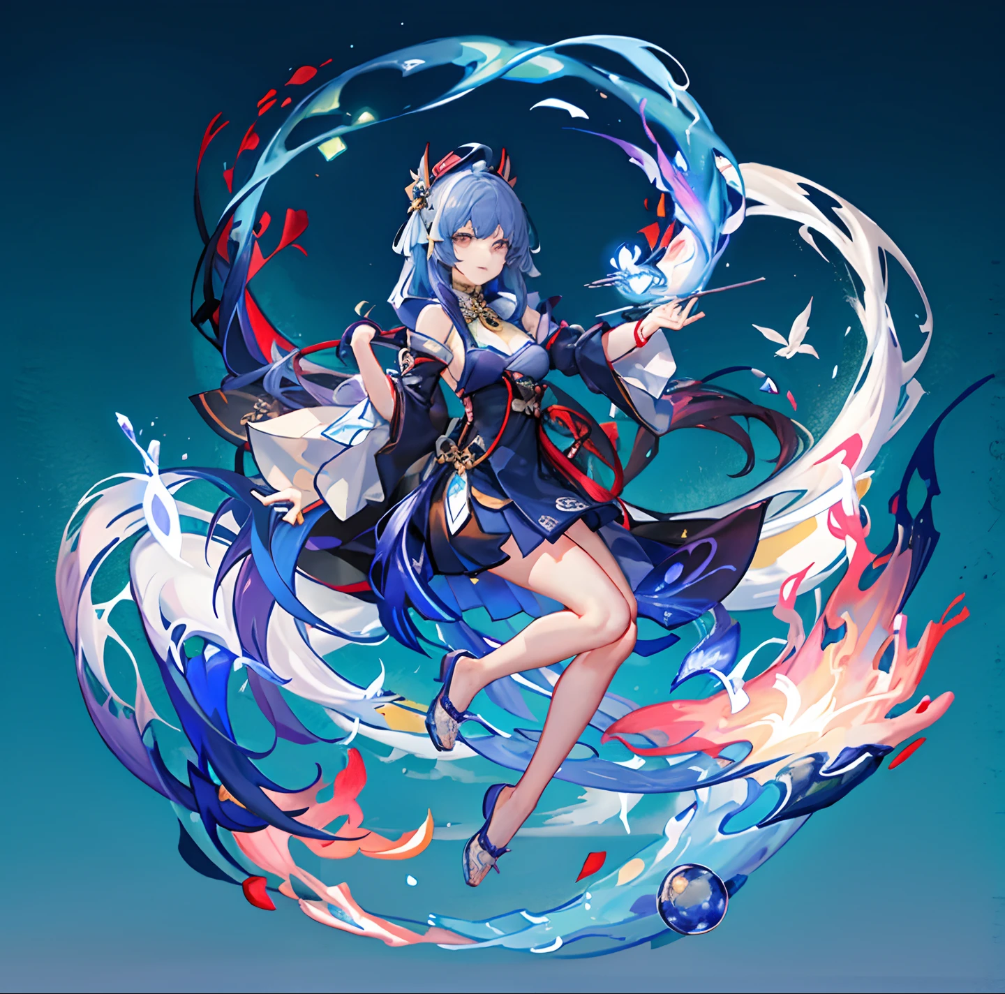 um close up de uma pessoa com um gato em uma prancha de surfe, Keqing de Genshin Impact, Impacto de Ayaka Genshin, Personagem Genshin Impact, ayaka jogo Genshin impact, Mizutsune, arte detalhada onmyoji, Genshin, arte oficial do personagem, holo is a wolf girl, holo se uma lobo