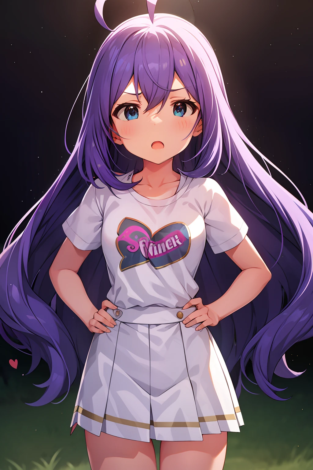 mochizuki anna,1girl in,Solo,Long hair,Purple hair,Medium chest.Ahoge,Blue eyes.Short stature.white t-shirts.suspenders.Skirt.Evening glow.the setting sun.Despair face.Sweat.Opening Mouth.up chest.put hands on the hip.Heart on chest.