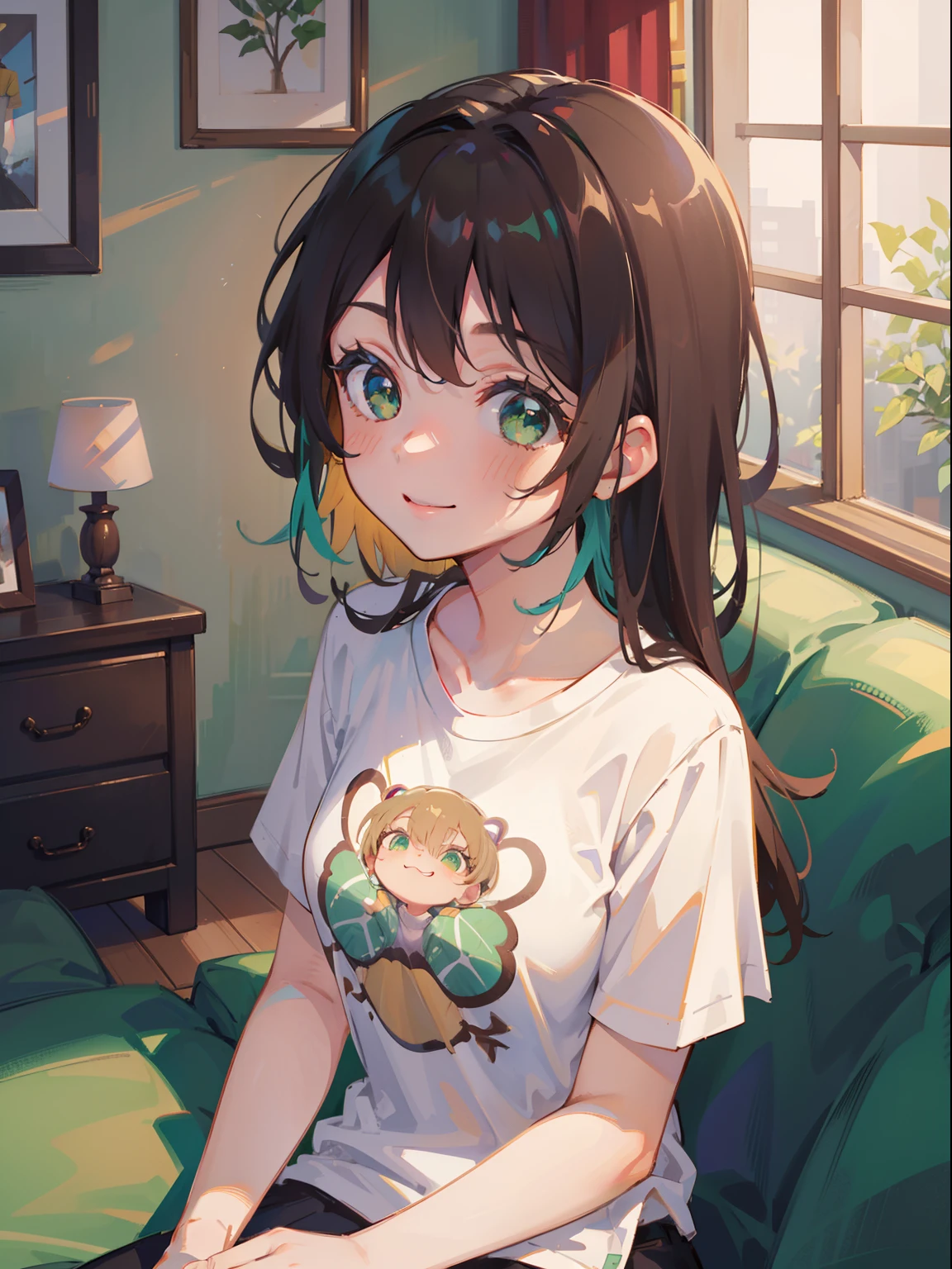 masterpiece), best quality, beautiful detailed hair detailed face, ultra high res, sharp focus, ((1 woman, solo)), perfect feminine face, upper body, medium close up, high angle, (warm pastel tone color), (at the morning time:1.5), sitting on the couch, chesnut brown hair, ((beautiful shape eyes, green eyes)), smiles, look at the viewer, long hair, (colorful t-shirt:1.2), model pose