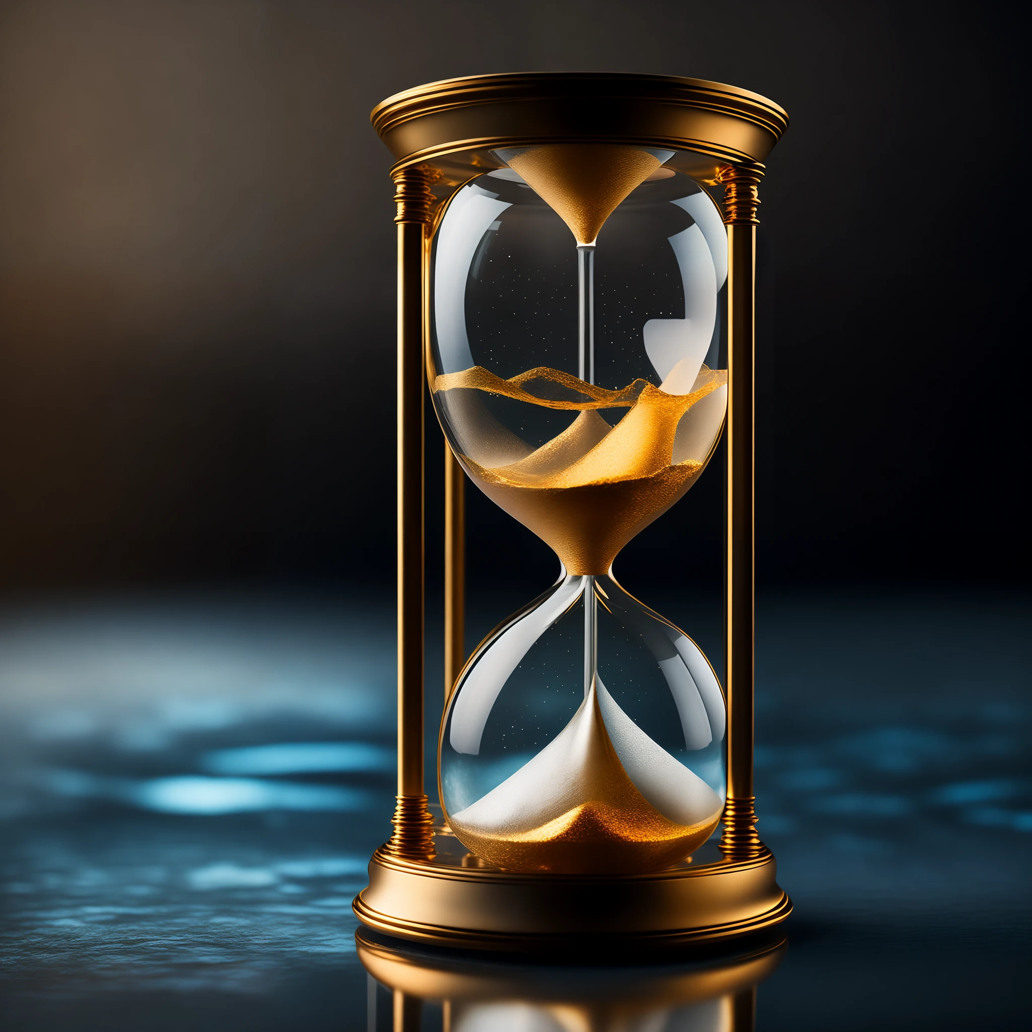 (A glass and metal hourglass with reflection in water), ((incrivelmente realista e detalhada)), em um fundo escuro, flutuando suavemente, banhada em um dourado misterioso, ultra definido, linhas definidas, detalhes, realismo, realista, Constellation in the Deep Sky, qualidade absurda, Awesome.