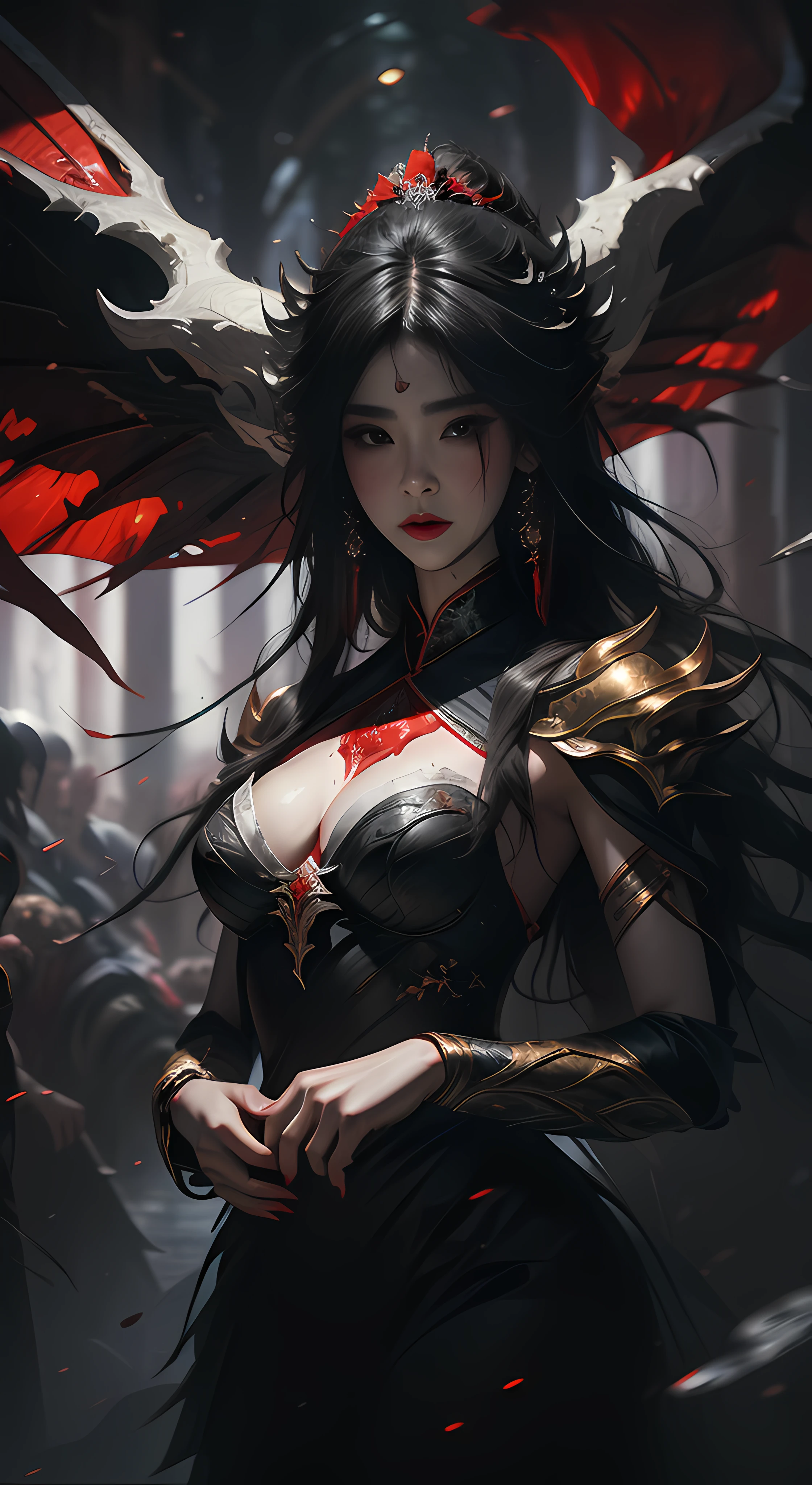 Black-haired god, white mask woman, red wedding dress, crying, close-up figure painting, gorgeous Guwiz style art, breathtaking epic character painting, Fan Qi, Yang J, Wu Zhun Shifan, etc., wonderful artistic journey on Guwiz Pixiv.