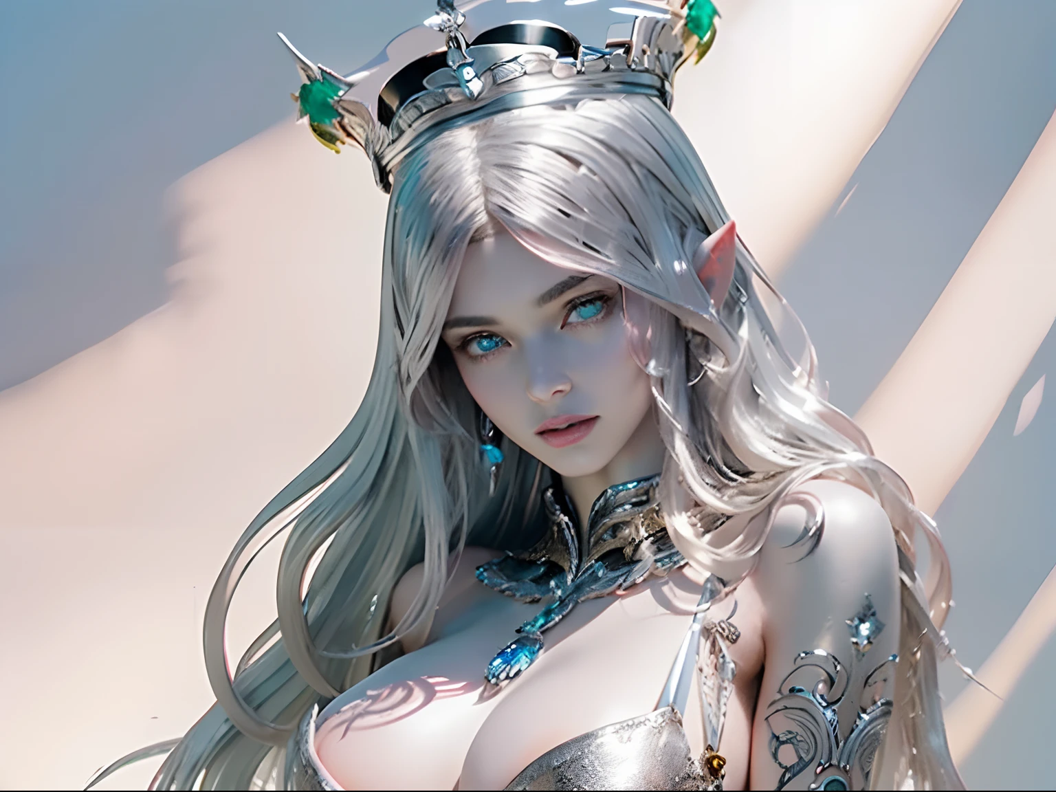 Ultra-detailed complex 3D rendering of the face, (masterpiece, top quality, octane rendering,), glamour shots full body image, very beautiful young elves, cleavage, (highly detailed skin: 1.2), (exposure: 1.1), ((blue micro bikini: 1.95)))). , 8k, (((very soft breasts)), (((conspicuous large pink areola)), beautiful Caucasian woman with white skin with full soft breasts with big buttocks, one, long braided hair, big breasts, dynamic angles, (((huge breasts: 2.4)), ultra-realistic photos, ((((((silver hair)))), futuristic urban background, facial muscles, (((((detailed and glamorous silver crown)))), In the style of Marvel Comics, ArtStation Trends, Clear Focus, Intricate Details, Very Detailed, Detailed Green Eyes, Sharp Focus, Digital Rendering, Professional, Abs, Lip Gloss, Glossy Skin, Sexy Pose, Golden Tattoo All Over Body, Silver Pattern All Over Body, Silver Lame Skin, Gold Glitter Skin, Mansuji, Buttocks, Jeweled All Over the Body, with silver scales, silver hair,