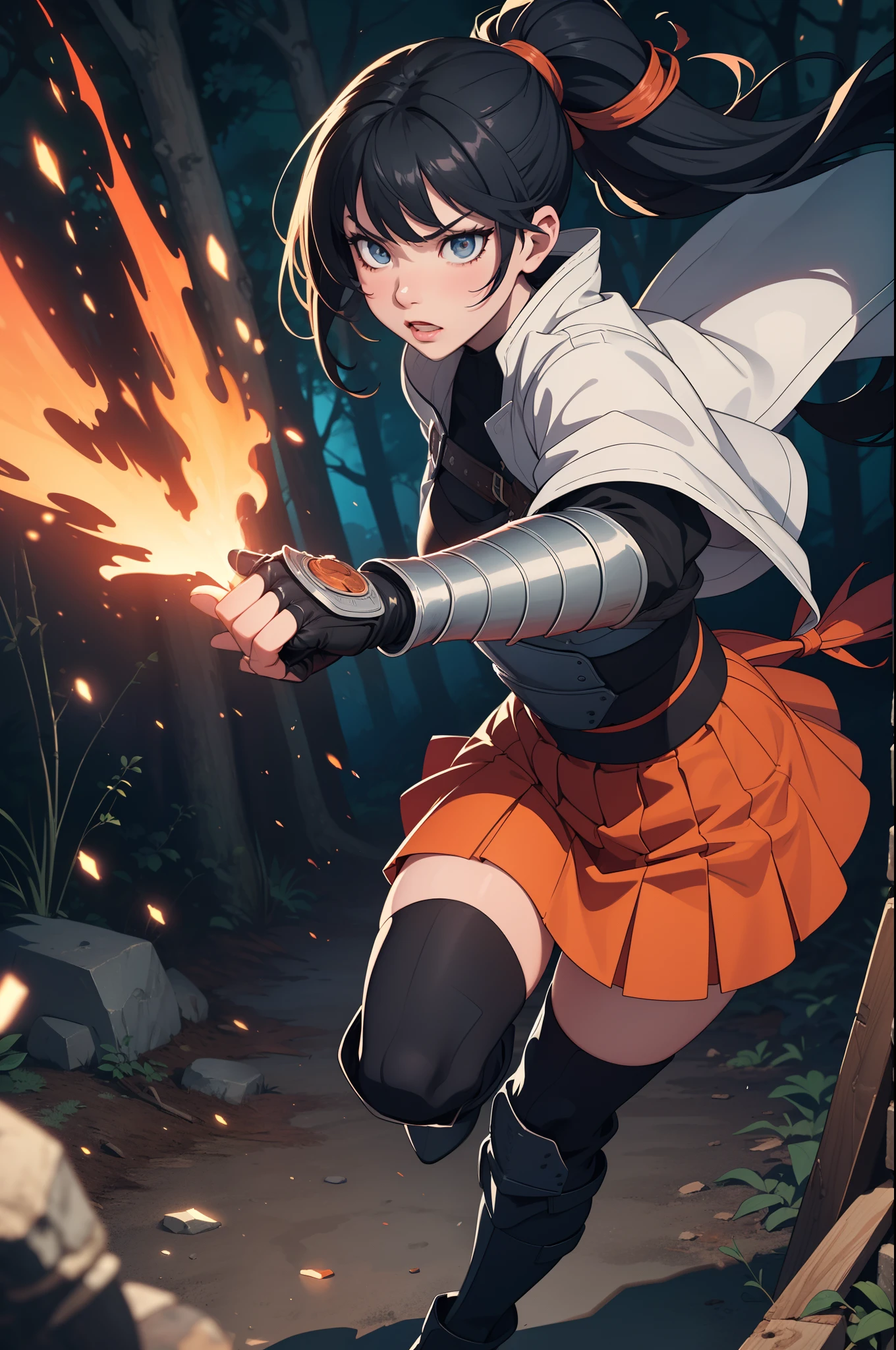 dramatic, gritty, intense, anime character, dynamic fighting pose, 1girl, solo, dark black hair, (tied up hairstyle), wearing gloves, (wearing samurai armor, armored gauntlets, armored boots, thighhigh boots), (wearing a skirt, orange skirt. pleaded skirt), modern art, hair covering eyes, (clenched fists), forest, beautiful face, beautiful eyes, vibrant colors, night, highest quality digital art, Stunning art, wallpaper 4k, 8k, 64k, HD, unparalleled masterpiece, full body, dynamic lighting, cinematic, epic, cowboy shot