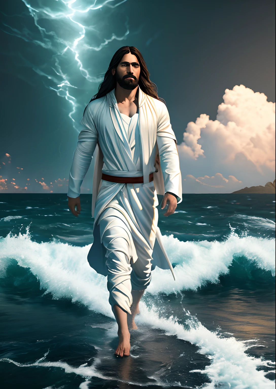 jesus walking on water in a storm, masterpiece, best quality, high quality, extremely detailed CG unit 8k wallpaper, award winning photography, Bokeh, Depth of Field, HDR, bloom, Chromatic aberration, photorealistic, extremely detailed, trending on artstation, trending on CGsociety, intricate, high detail, dramatic, mid-journey art, volumetric lighting