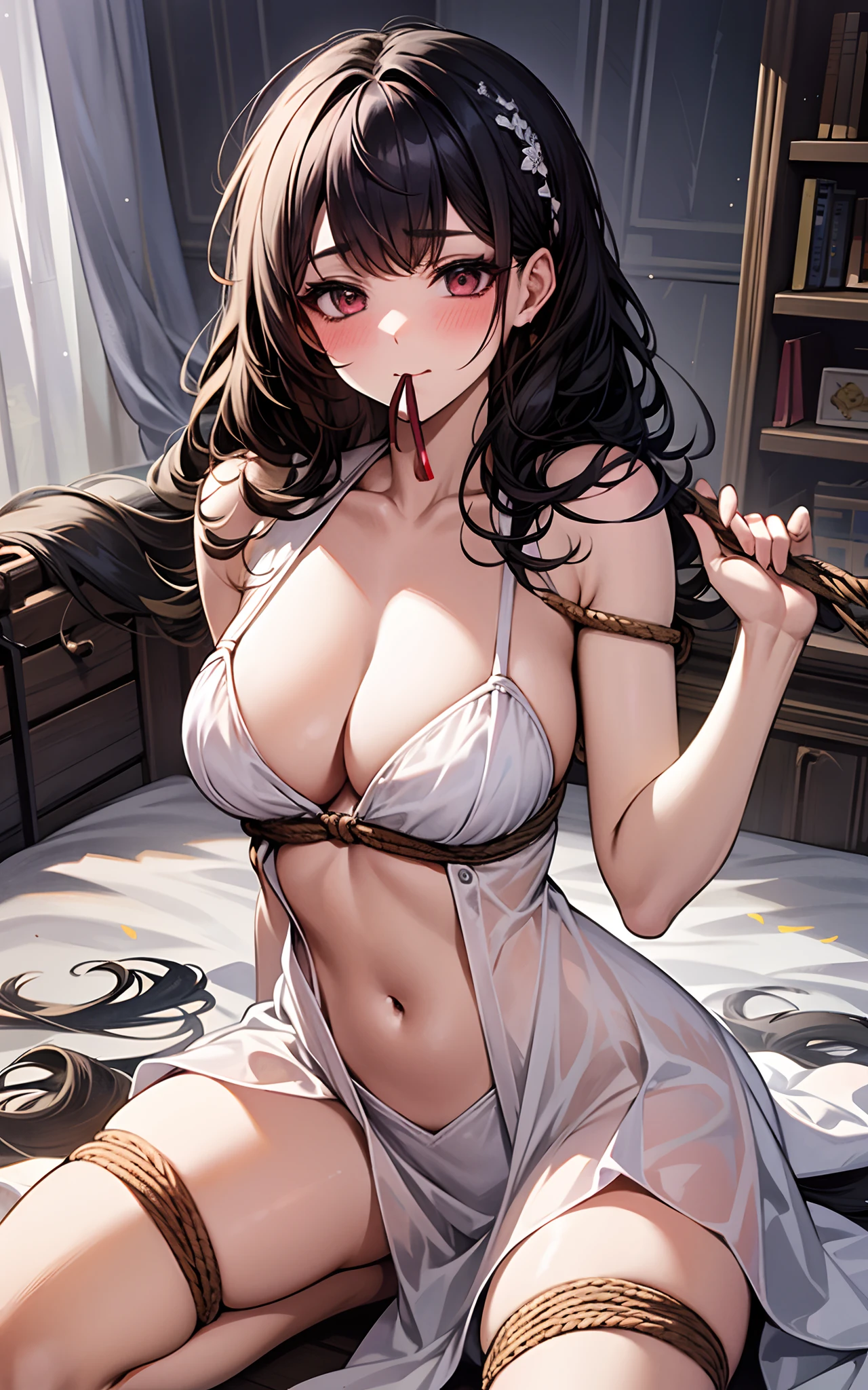 Masterpiece 1 Girl, Solo, Black Hair, White Dress, Cleavage, White Thighs, (Kneeling: 1.3), (Upper Arms), Bondage, Tightness, Rope, Binding, Blushing, Slender, Arm Up, Mouth Closed, Navel,