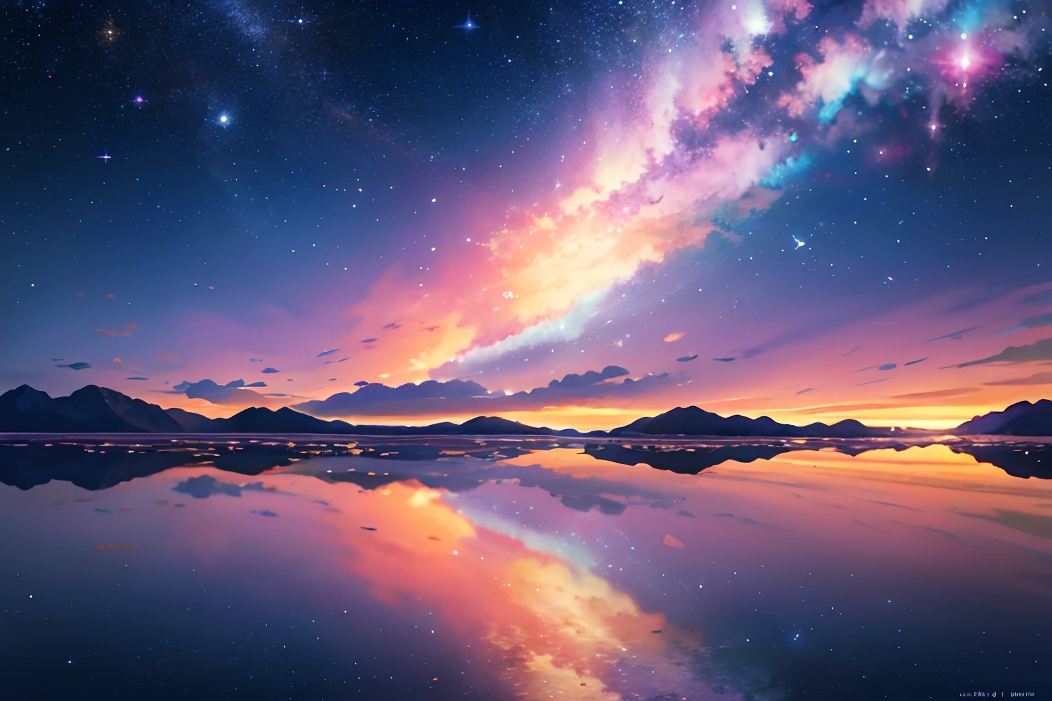 absurderes,A high resolution,(offcial art,Beauty and aesthetics:1.2),(Close-up:1.15),(1girl,pink violet hair,mid hair,Pink-purple eyes,shinning eyes,cat ear,a white long skirt,Blue frills,:1.2)blue-sky,Sparkling Milky Way,(Uyuni Salt Marshes:1.2),(s fractal art:0.8),Water Effects,Ripple effect,(Flower effect:0.65),Efeito de Luz,