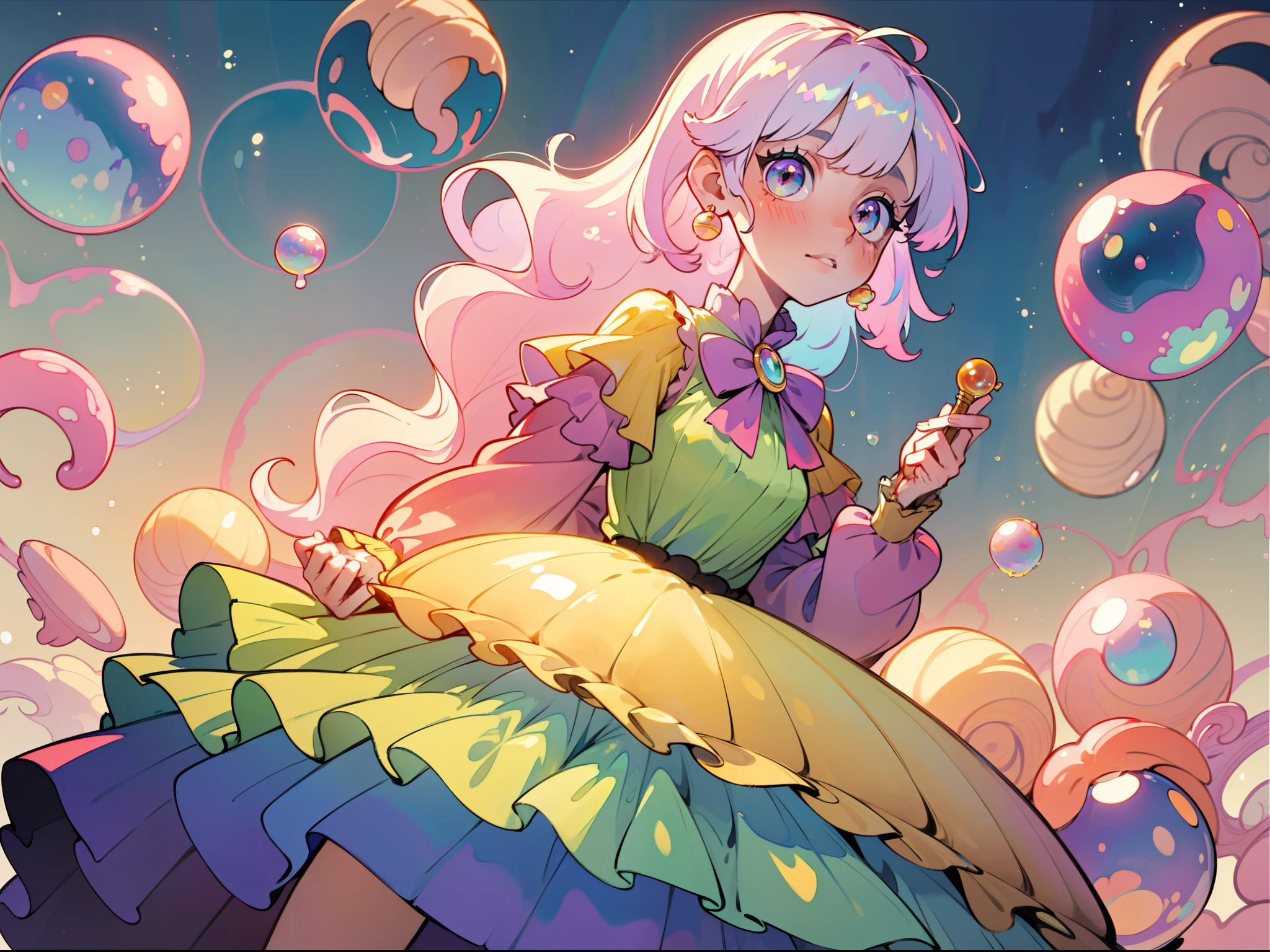 masterpiece, best quality, 8k resolution, sharp focus, intricate detail, beautiful girl, sparkling eyes, golden ratio face, otherworldly liquid, watercolor, pastel colors, bright colors, whimsical, colorful, sharp focus, high resolution, fine detail, ((layered tiered puffy long sleeves ballgown)), ((round eyes)), iridescent bubbles, fantasia background