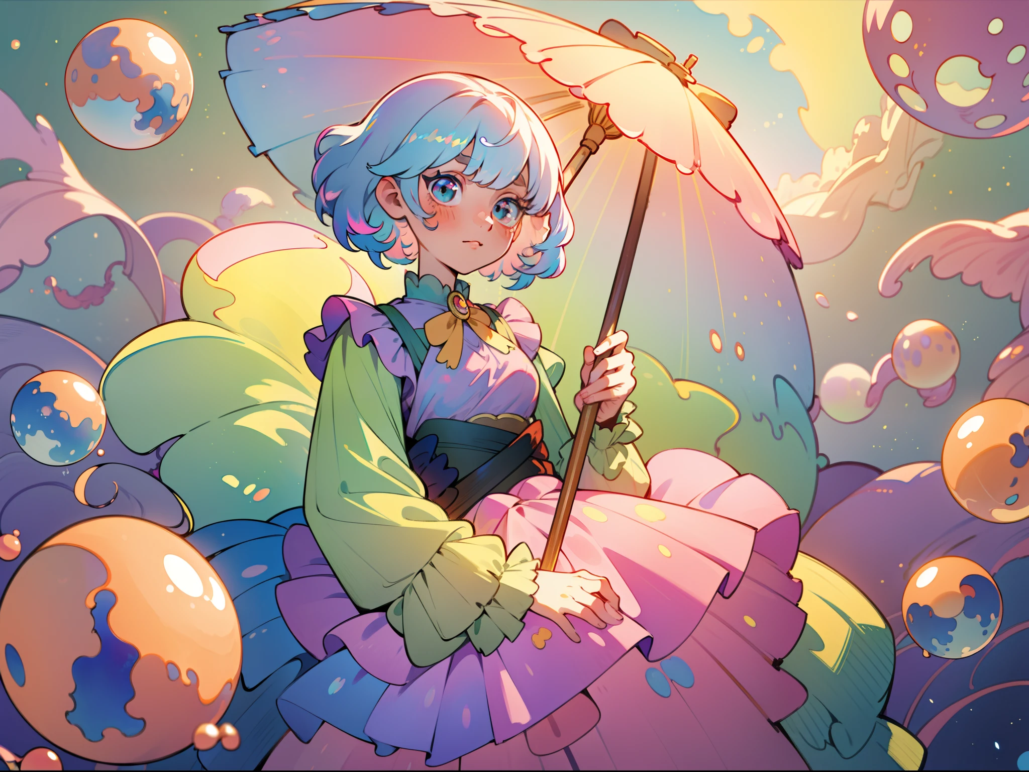 masterpiece, best quality, 8k resolution, sharp focus, intricate detail, beautiful girl, sparkling eyes, golden ratio face, otherworldly liquid, watercolor, pastel colors, bright colors, whimsical, colorful, sharp focus, high resolution, fine detail, ((layered tiered puffy long sleeves ballgown)), ((round eyes)), iridescent bubbles, fantasia background