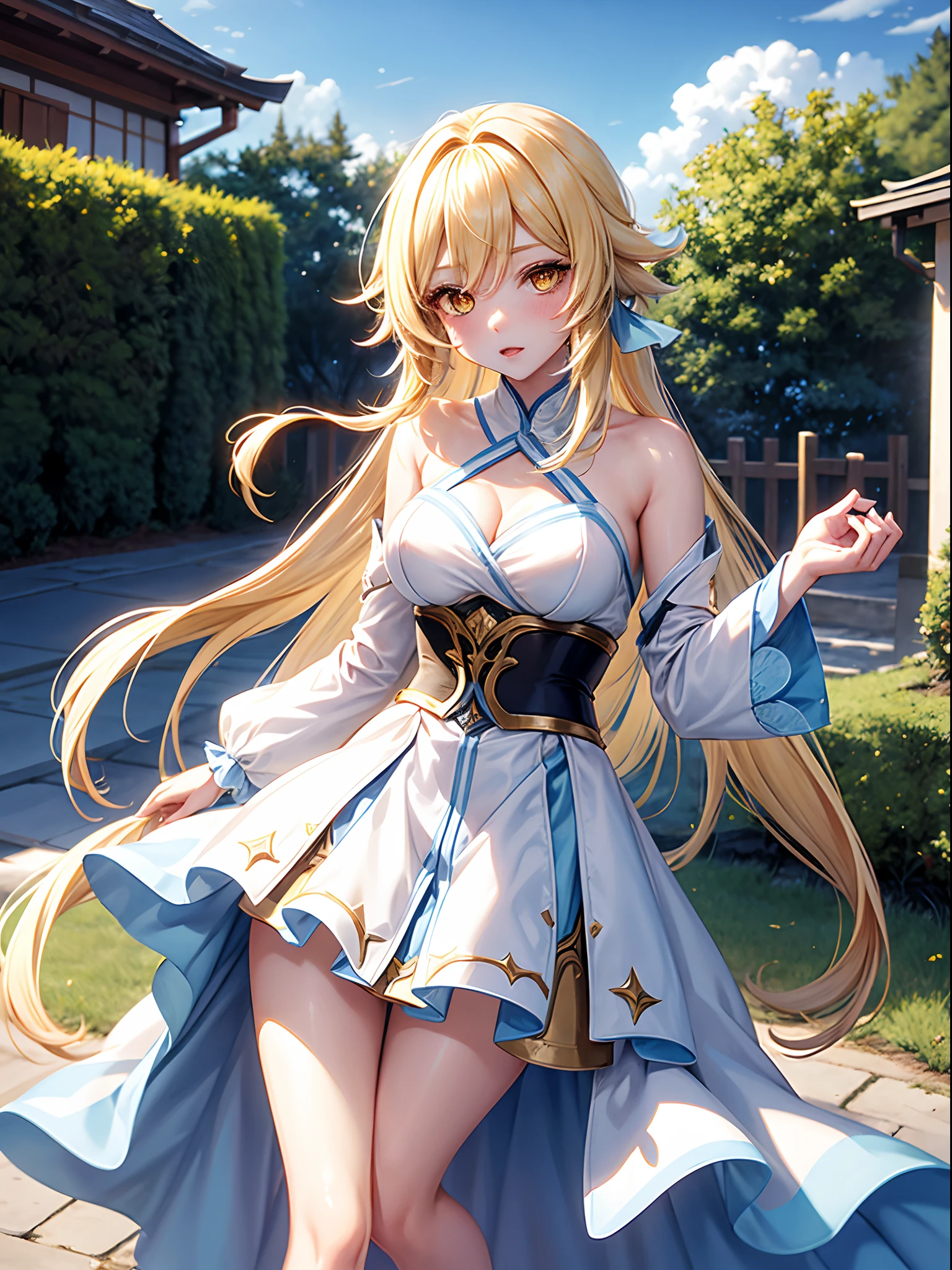 Lumine from genshin impact, 1girl, solo, pale skin, naive, shy, blushing face, sky background, ample breasts, slim waist, wipe hip, long hair, full body, short figure, soft light, sky-blue light, bare thigh, yellow eyes, blonde hair, flowing hair, long hair, ombre hair, flat belly, short figure, very short skirt, white and sky-blue short skirt, light pink lip, sad, face detail, super detail, focus female,