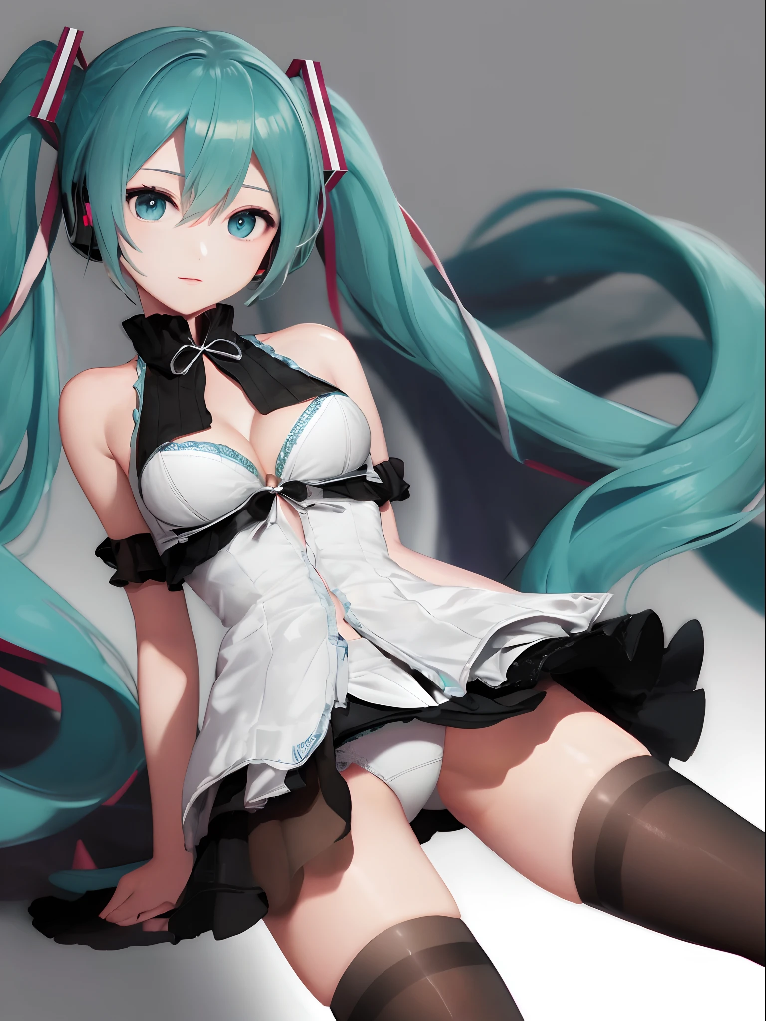 (One lady)、(​masterpiece)、(best qualtiy)、(ultra-detailliert)、(a high chroma)、(CG Illustration)、highcontrast、((low angles))、VOCALOID、((miku hatsune))、(Black stockings)、((white  panties、))、(Fine and beautiful eyes)、Delicate beautiful face、((dishevled hair))、((B cup breasts))、((teats))、The best lighting、spread legswide、Float inside、simple background