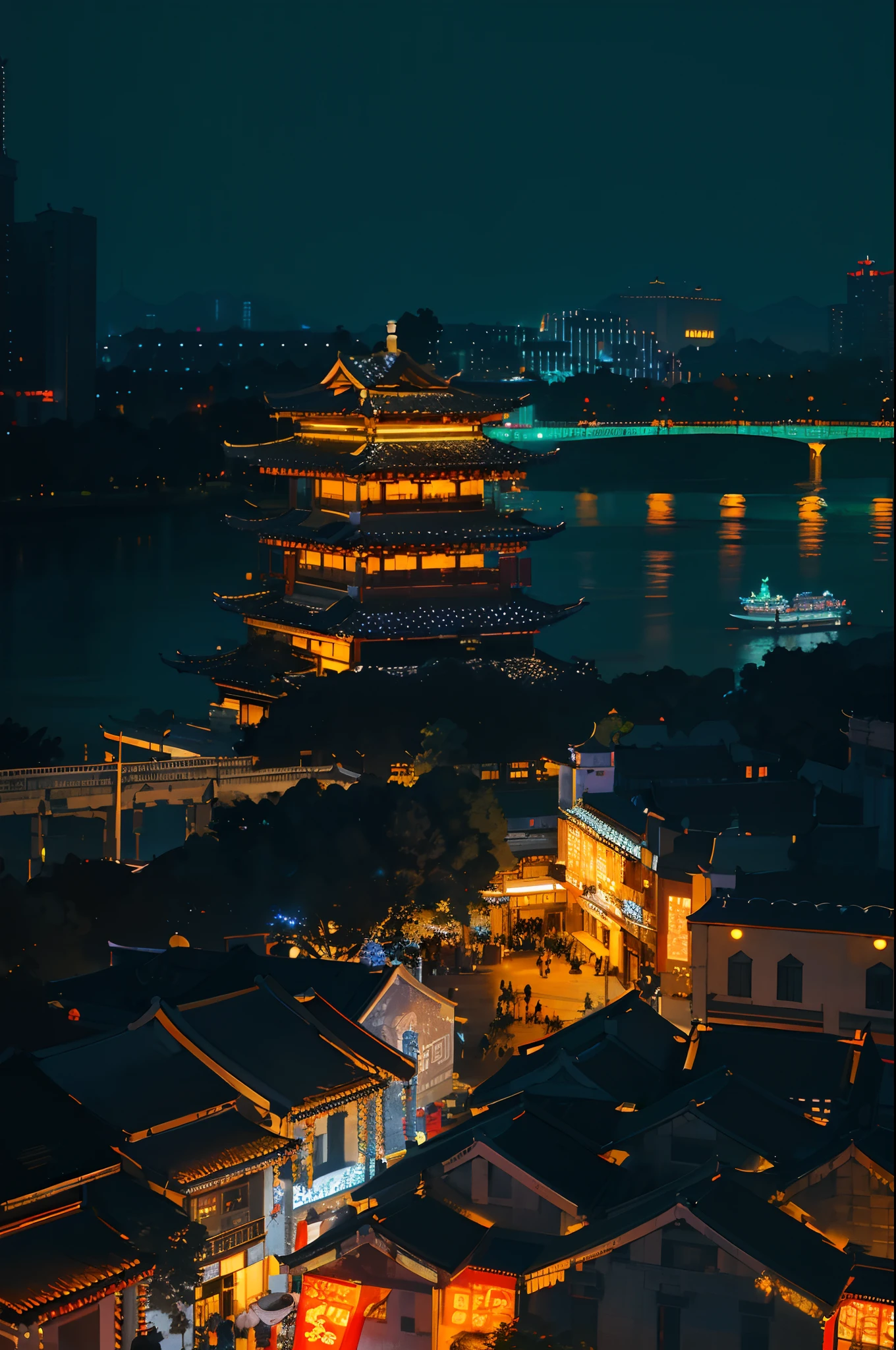 nighttime view of a city with a bridge and a river, dreamy Chinese towns, Ancient Chinese architecture, cyberpunk chinese ancient castle, Chinese architecture, Hangzhou, Chinese style buildings, ancien chinese tower, night shot, Chinese tradition, Chinese palaces, hou china, scenic view at night, Night view, pexels contest winner, At night, Chinese New Year in Shanghai