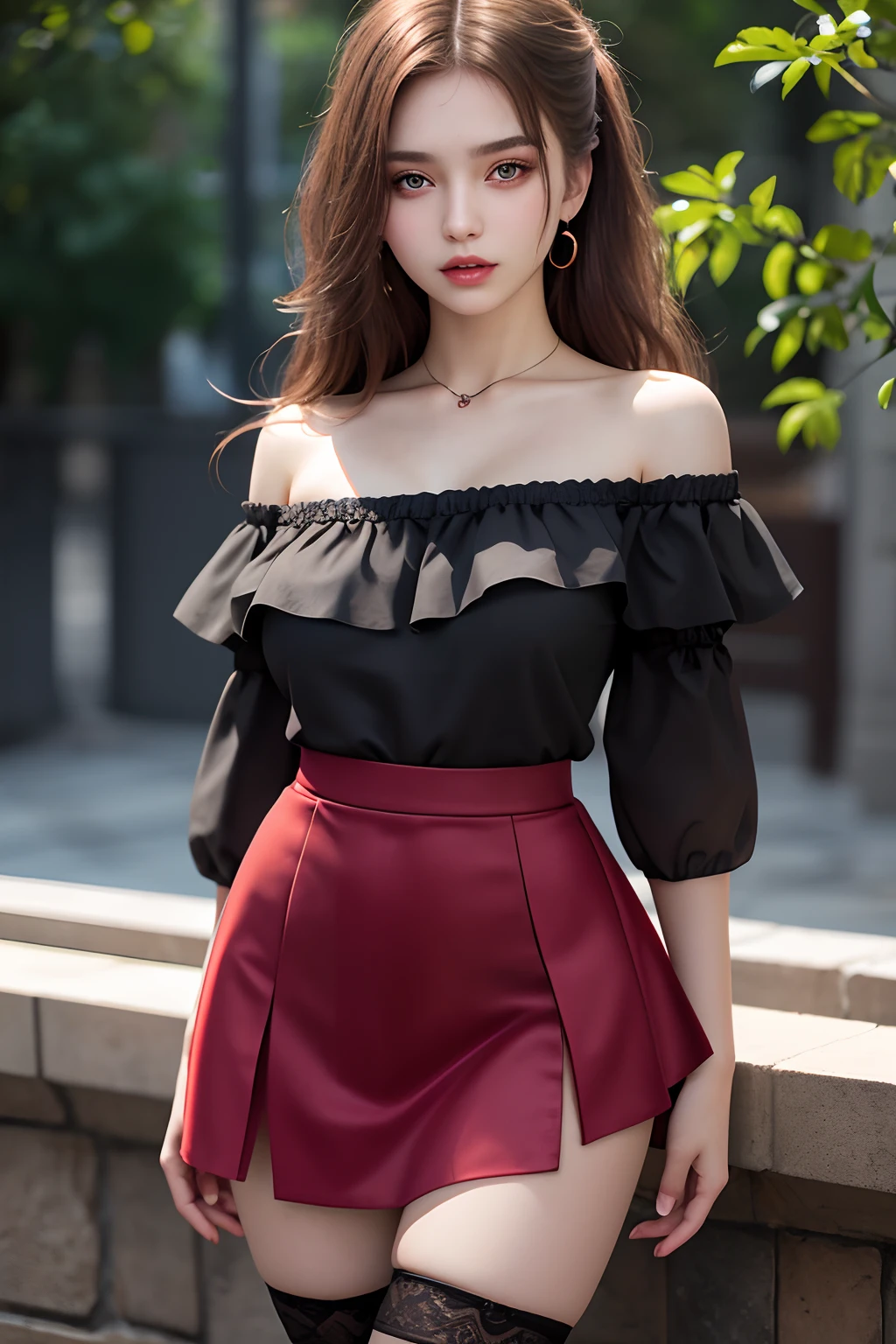 a beautiful  Russian girl, seductive expression, look at viewer, off shoulder shirt ,high waist short skirt, photo, realistic, best quality, hires, detailed face, detailed background, diffused lighting, depth of field, bokeh, thighhighs