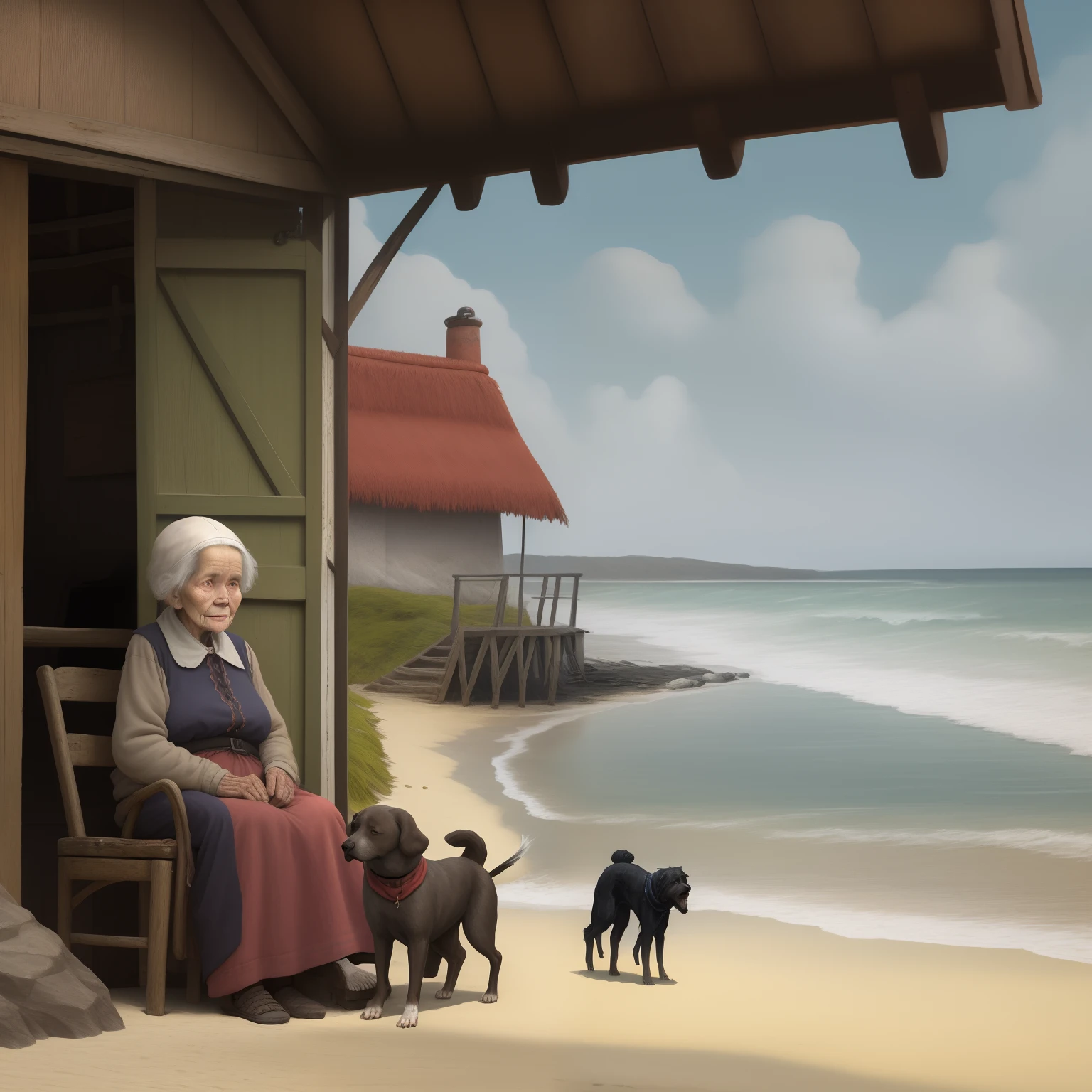 An old woman and a dog at a hut on the seashore