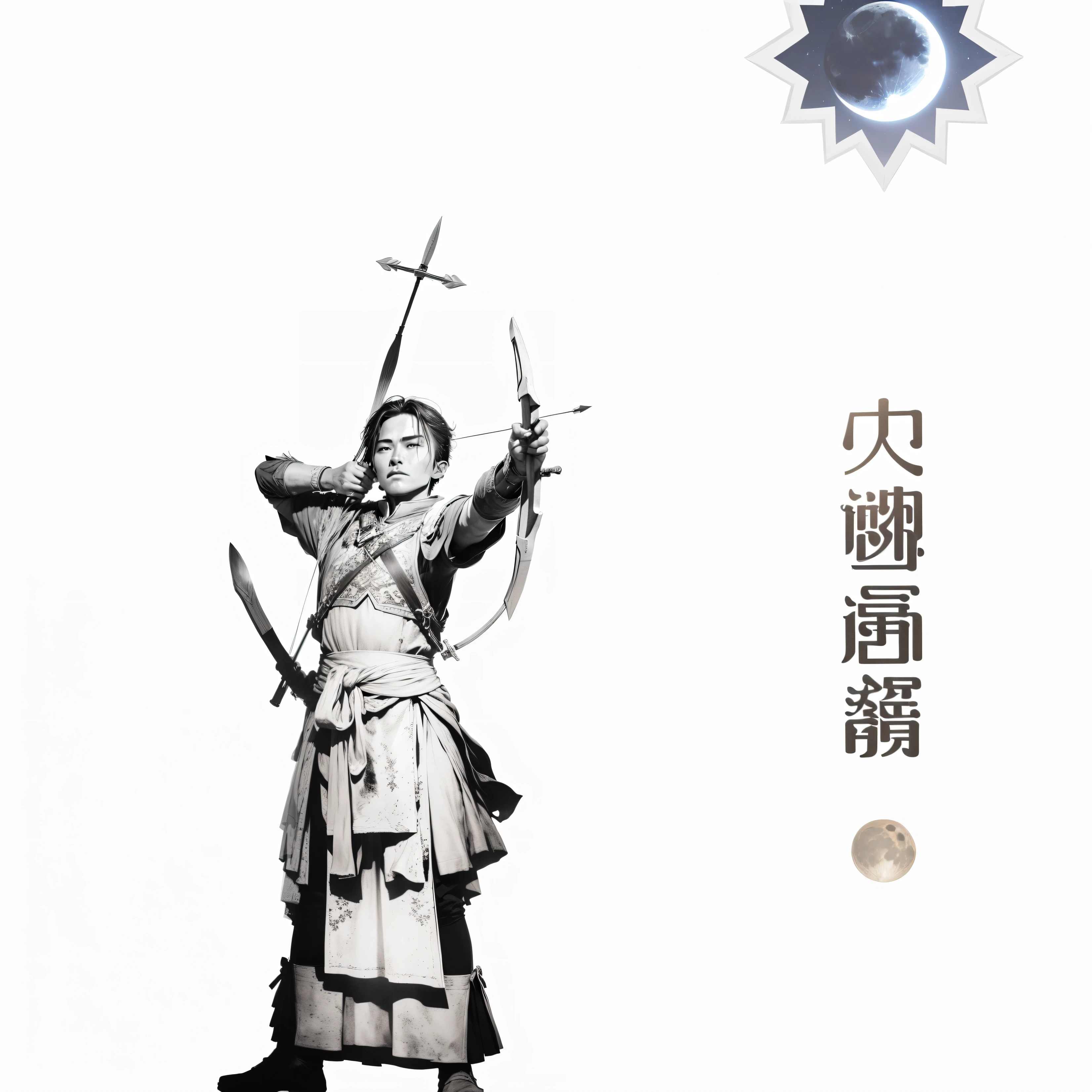 Under the sun, moon and stars，The brave and fearless Daming soldier held a bow in his left hand and an arrow in his right hand，Left with knife，Right with arch sac，Open a bow and shoot arrows