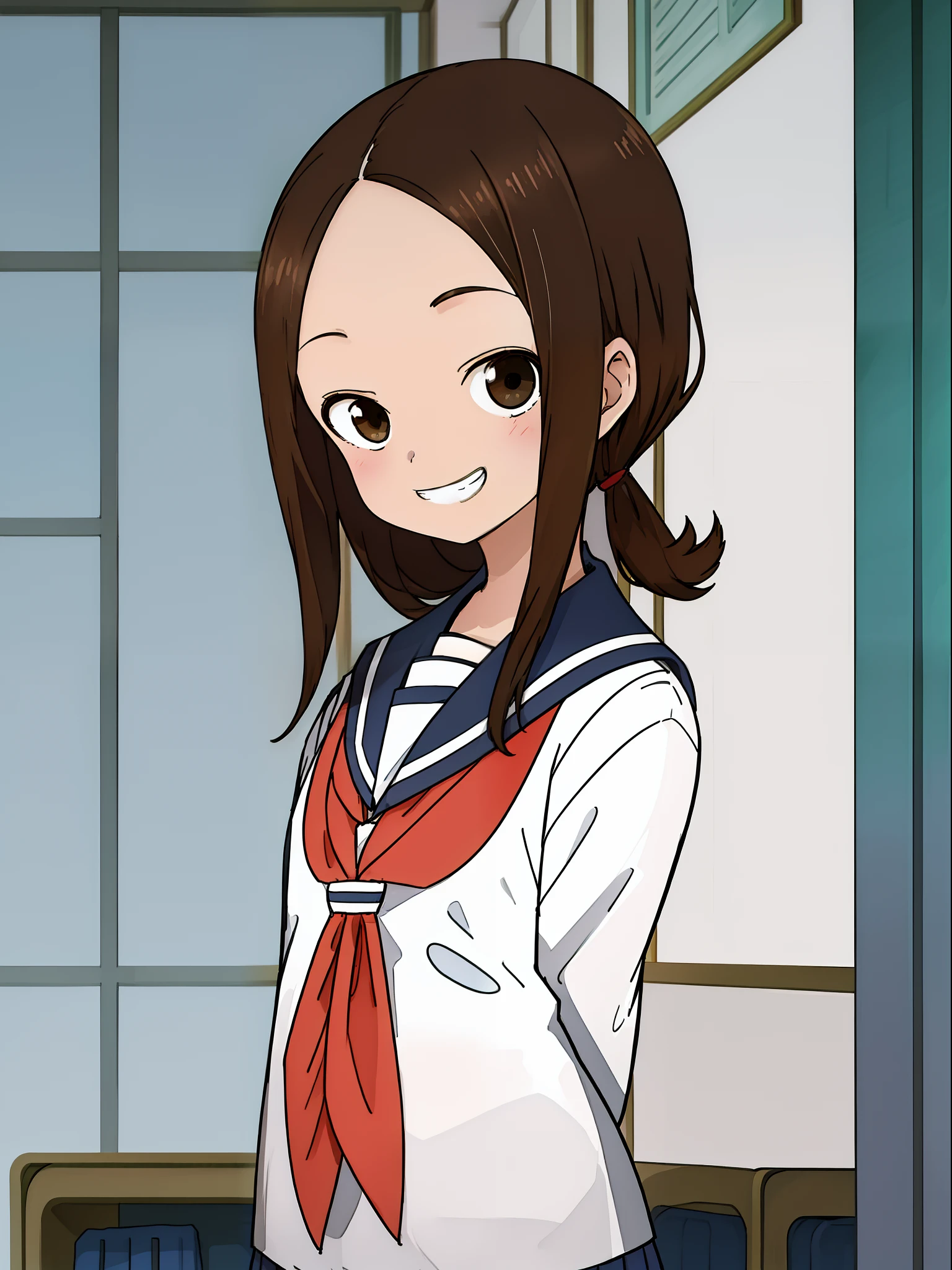 masterpiece,best quality,ultra-detailed, uniform,serafuku,sailor suit,medium hair,((((side-swept bangs)))),evil grin,evil smile,hidden hands,((in the classroom)),detail background,upper body,(arms behind back),perfact face,perface background