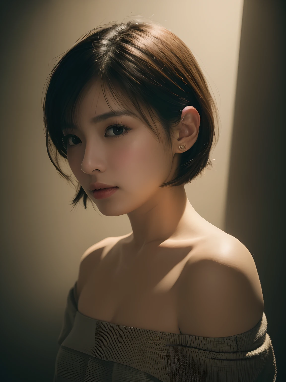 Best quality, masterpiece, ultra high res, (photorealistic:1.5), raw photo, 1girl, offshoulder, in the dark, deep shadow, low key, cold light, sexy look, short hair