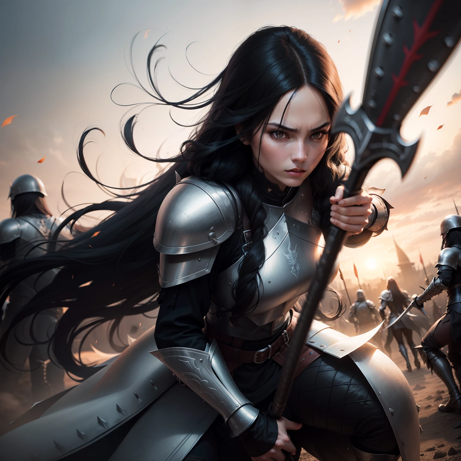 One woman, Black long hair, armoured, holding a Battle axe
