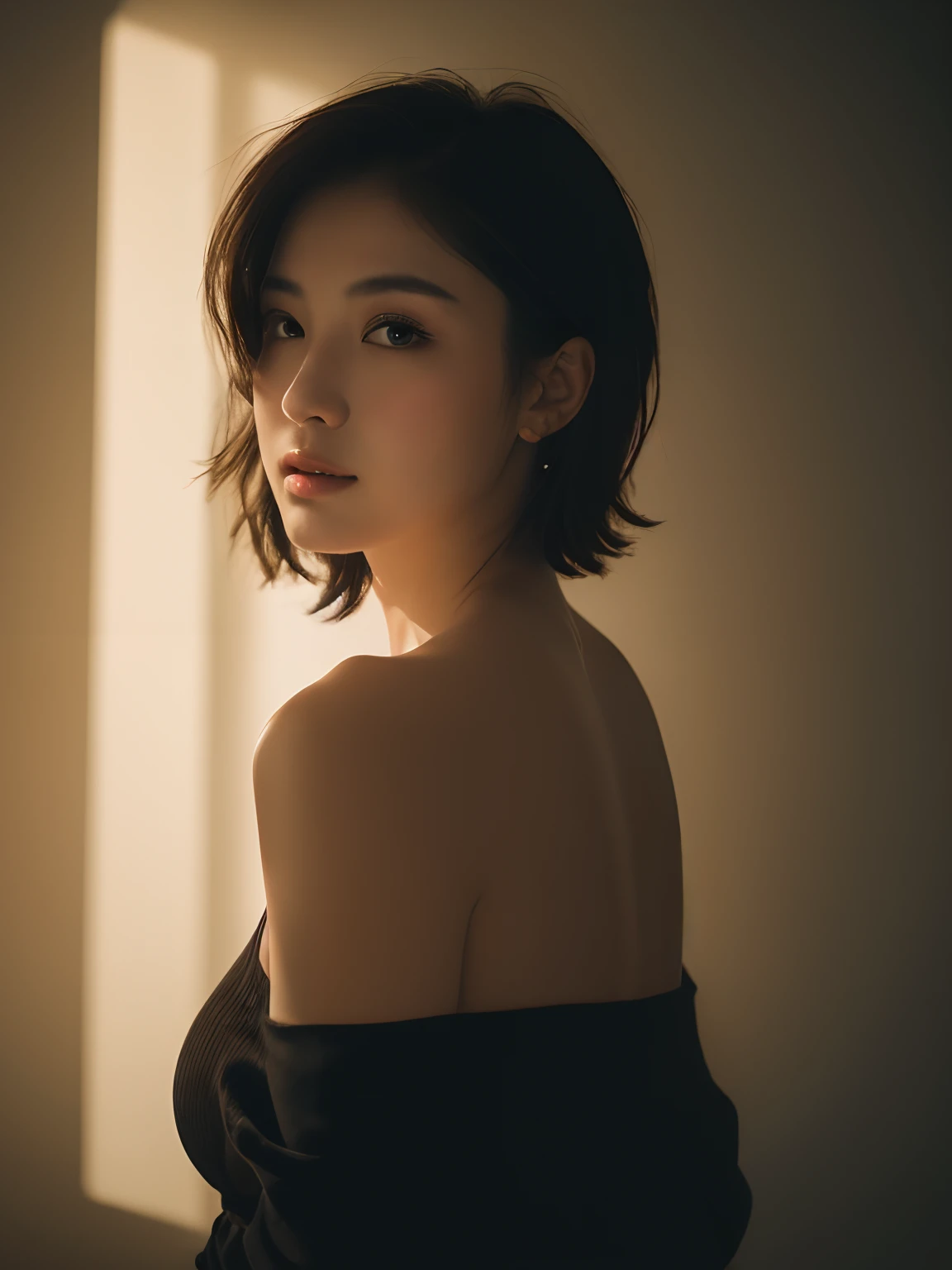 Best quality, masterpiece, ultra high res, (photorealistic:1.5), raw photo, 1girl, offshoulder, in the dark, deep shadow, low key, cold light, sexy look, short hair