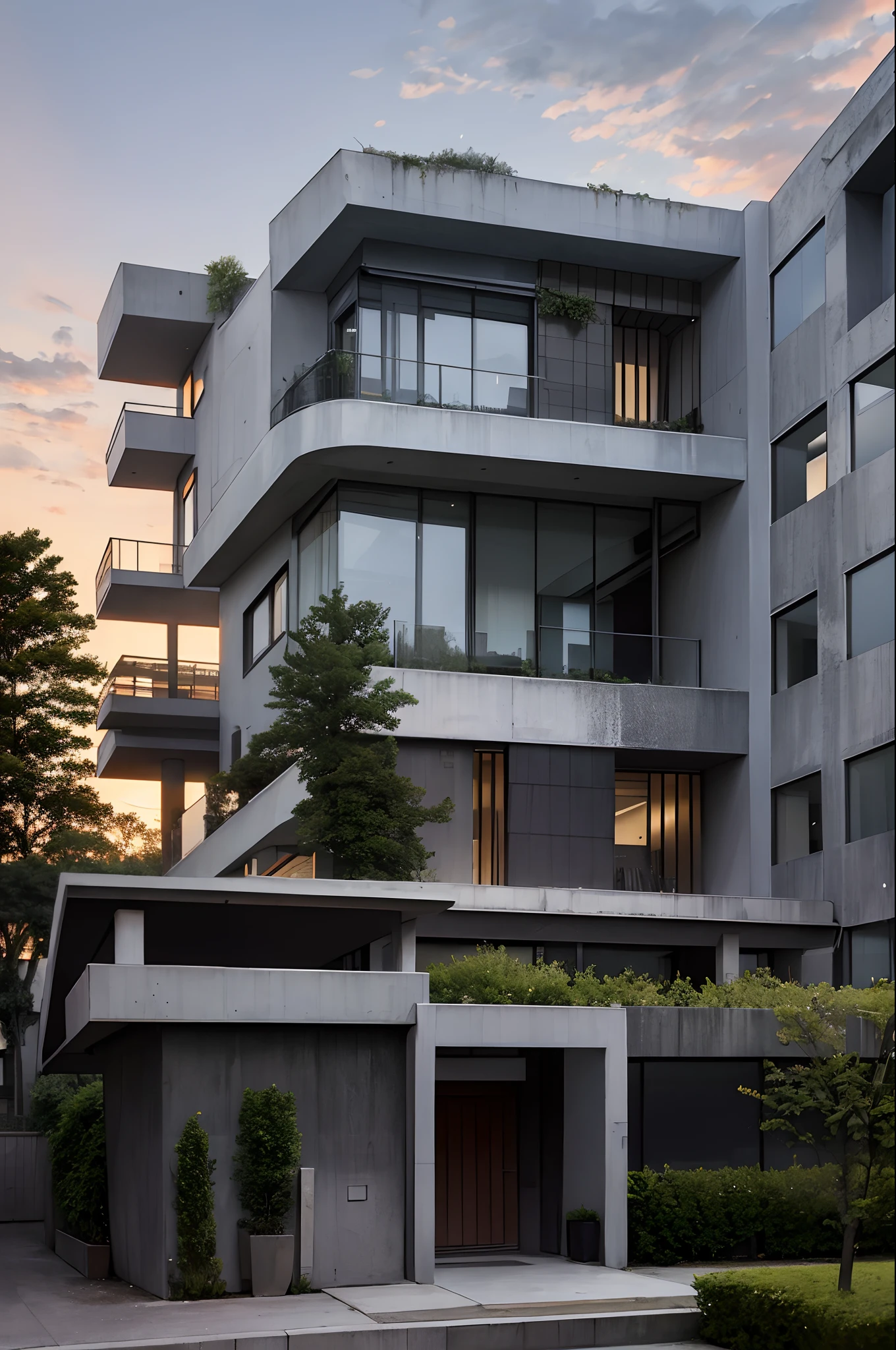 a luxurious house , brutalist architecture ,( le corbusier ), glowing lights , trees , daytime , cloudy sky , sunset