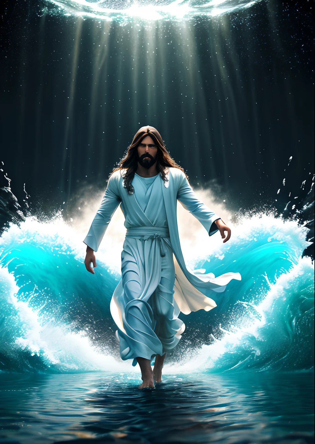 jesus walking on water in a storm, masterpiece, best quality, high quality, extremely detailed CG unit 8k wallpaper, award winning photography, Bokeh, Depth of Field, HDR, bloom, Chromatic aberration, photorealistic, extremely detailed, trending on artstation, trending on CGsociety, intricate, high detail, dramatic, mid-journey art, volumetric lighting