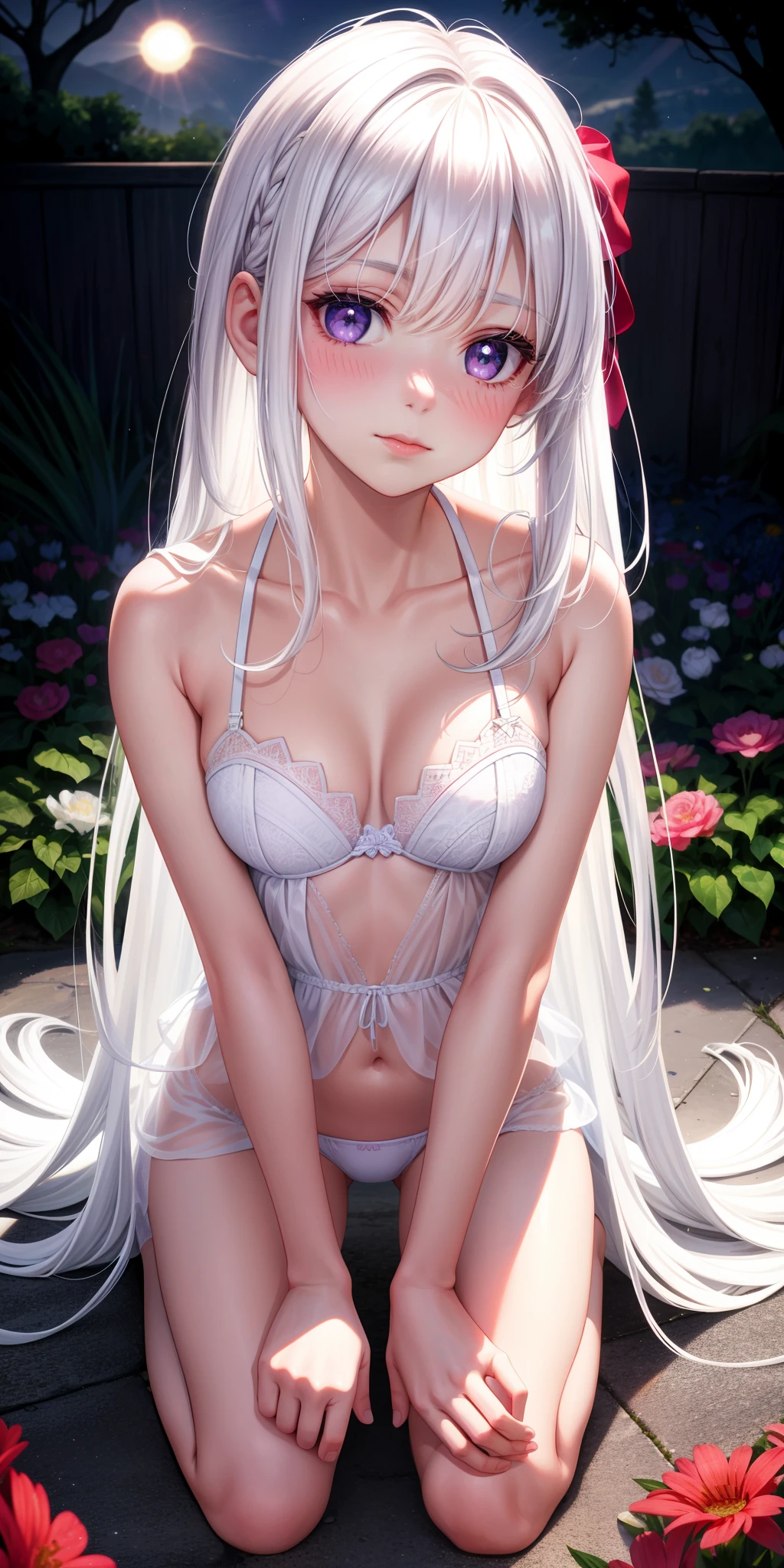 realisticlying,1girl,White hair,Purple eye,glowing light eyes,parted lip,Be red in the face,the night,fresh flowers,suns,rays of sunshine,The girl sits,kneels on the ground,legs separated,There is only white underwear and white panties on the body,Long white hair,There is a faint blush on the face, Sapphire eyes, looking at viewert
