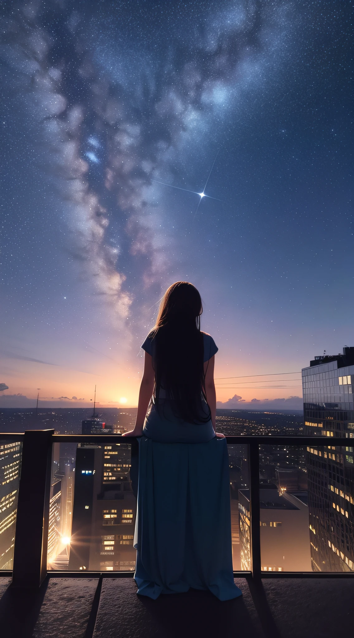 A woman looking at the stars in the sky from a balcony - SeaArt AI
