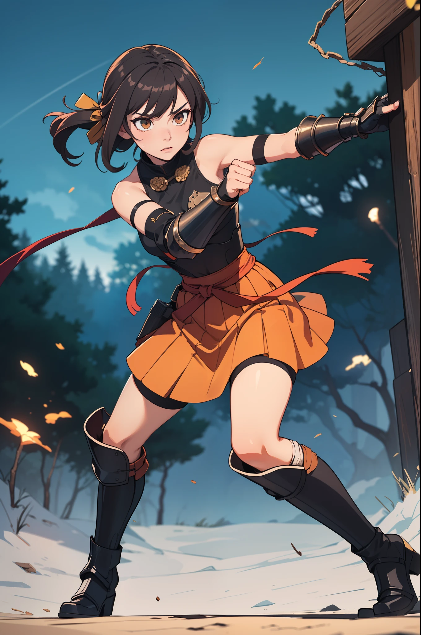 dramatic, gritty, intense, anime character, dynamic fighting pose, 1girl, solo, dark black hair, (tied up hairstyle), wearing gloves, (wearing samurai armor, armored gauntlets, armored boots, thighhigh boots), (wearing a skirt, orange skirt. pleaded skirt), modern art, hair covering eyes, (clenched fists), forest, beautiful face, beautiful eyes, (brown eyes), vibrant colors, night, highest quality digital art, Stunning art, wallpaper 4k, 8k, 64k, HD, unparalleled masterpiece, full body, dynamic lighting, cinematic, epic, cowboy shot