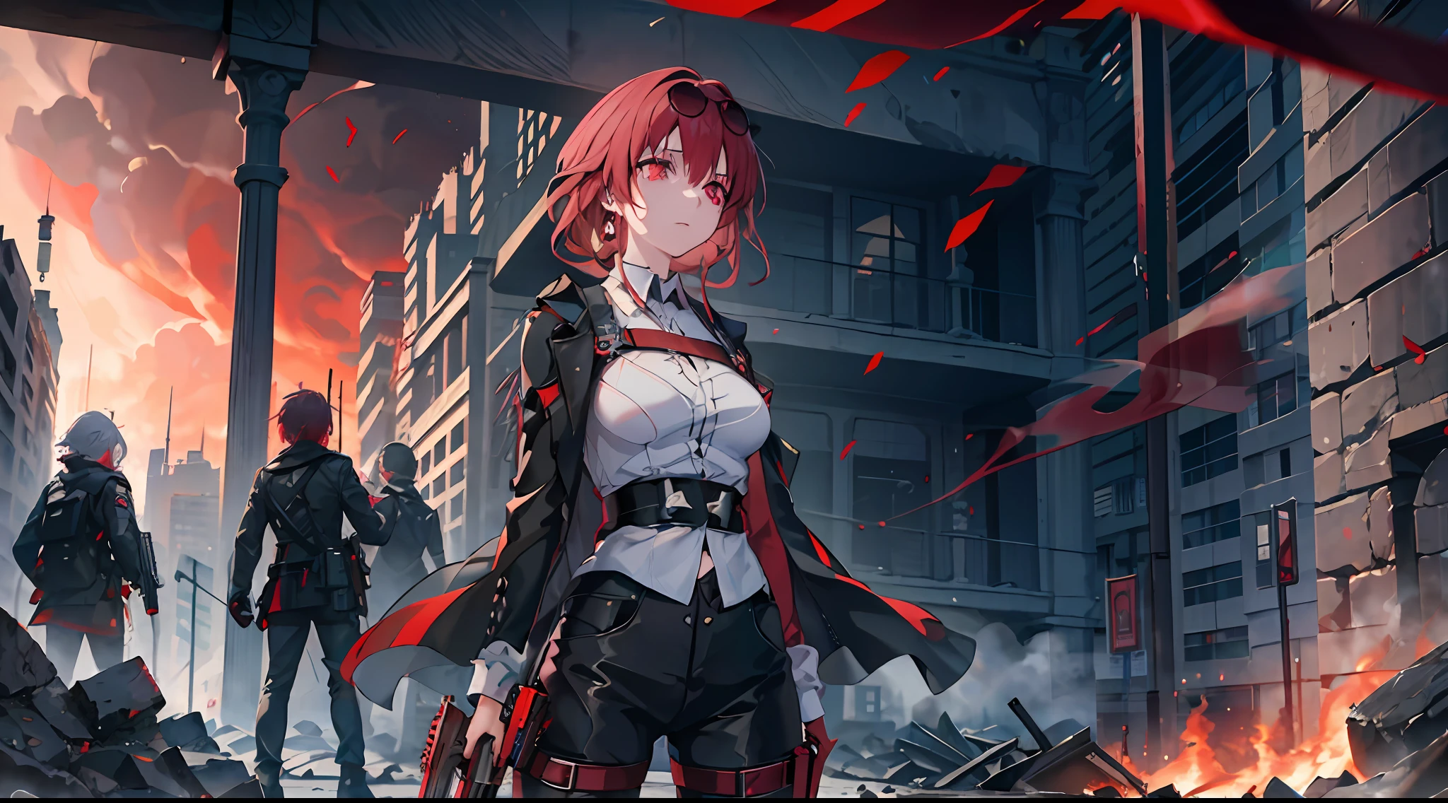 1girl, Kafka, with two submachine guns in both hands, rampage, Catholic Church, red fog and smoke, people in despair and fear, blood on the floor, broken and blazing with crimson fire, blood moon, night, high res, ultrasharp, 8k, masterpiece