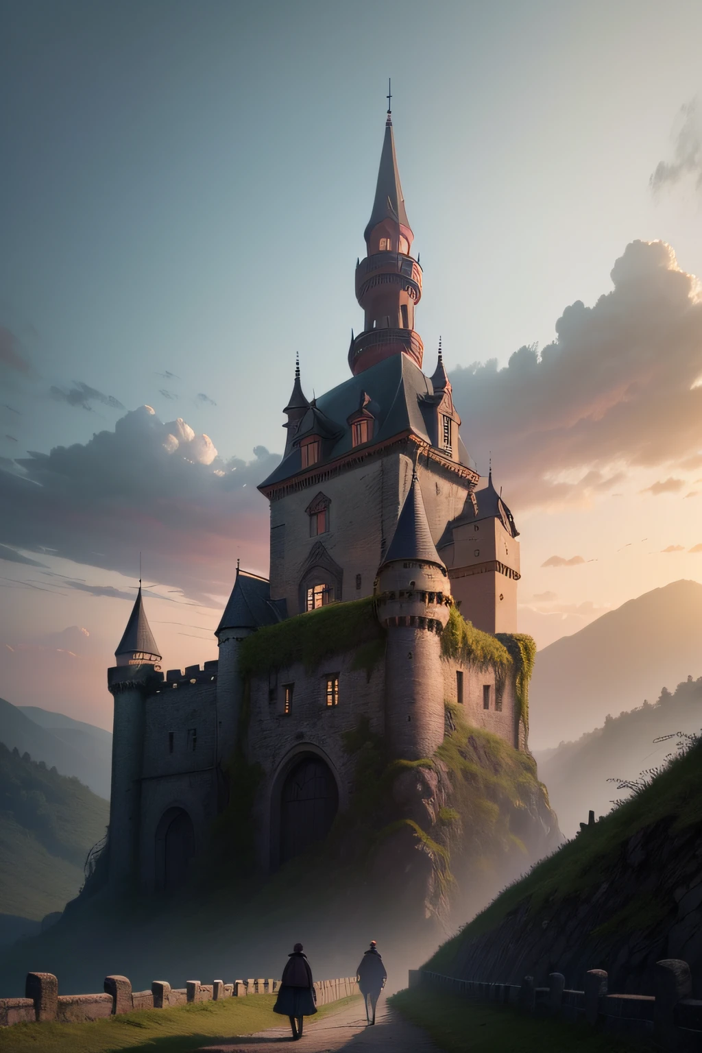 The main body of the picture is an old castle that has been abandoned,Set on a deserted hill。The walls of the castle are crawling with moss and vines,The dilapidated tower looks even more eerie in the afterglow of the setting sun。At the gate of the castle,There is a hideous-looking gargoyle,Its eyes shone red,It seems to guard the castle。Two men walked towards the castle,Dark and eerie