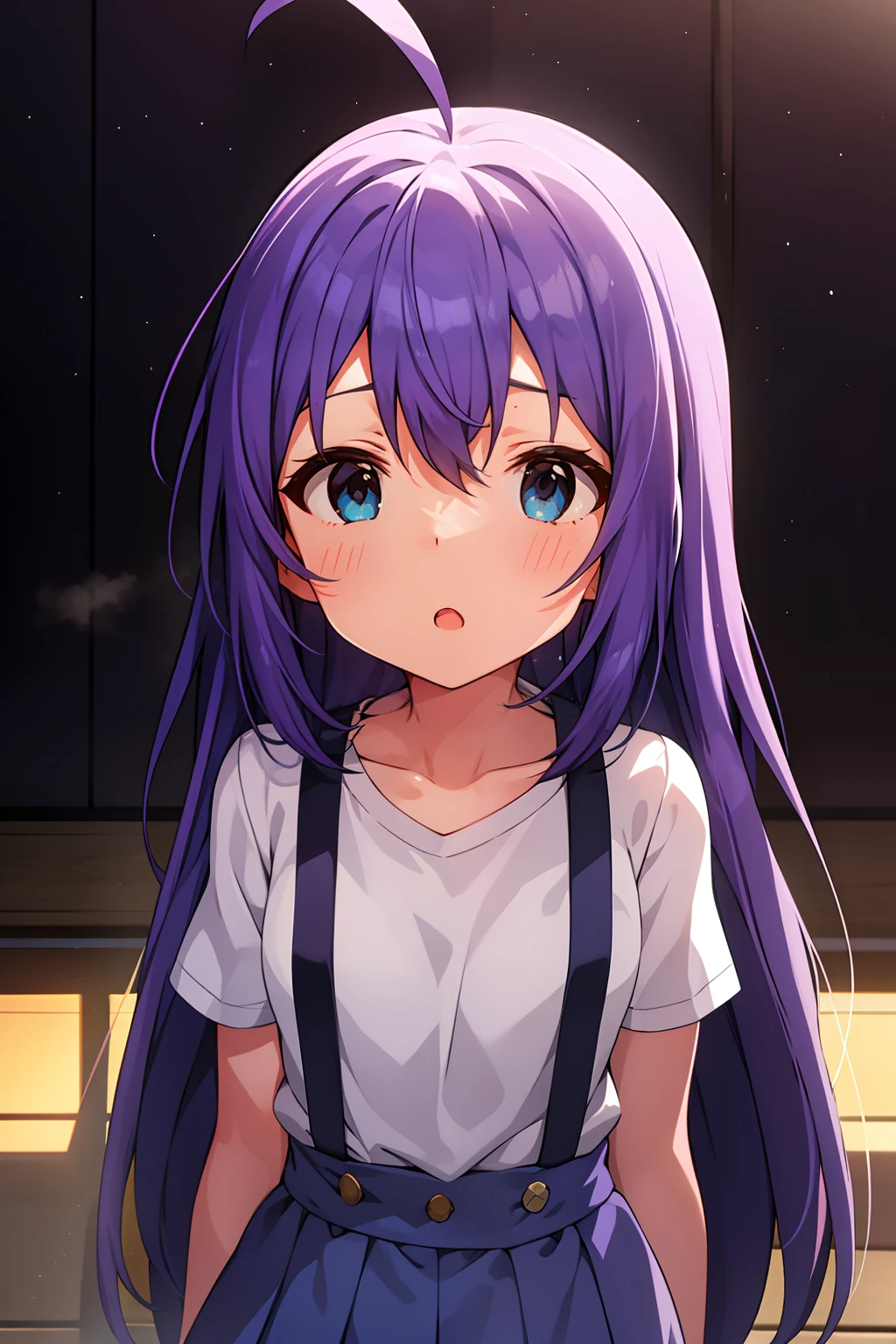 mochizuki anna,1girl in,Solo,Long hair,Purple hair,Medium chest.Ahoge,Blue eyes.Short stature.white t-shirts.suspenders.Skirt.Evening glow.the setting sun.Despair face.Sweat.Opening Mouth.up chest.Fighting stance.