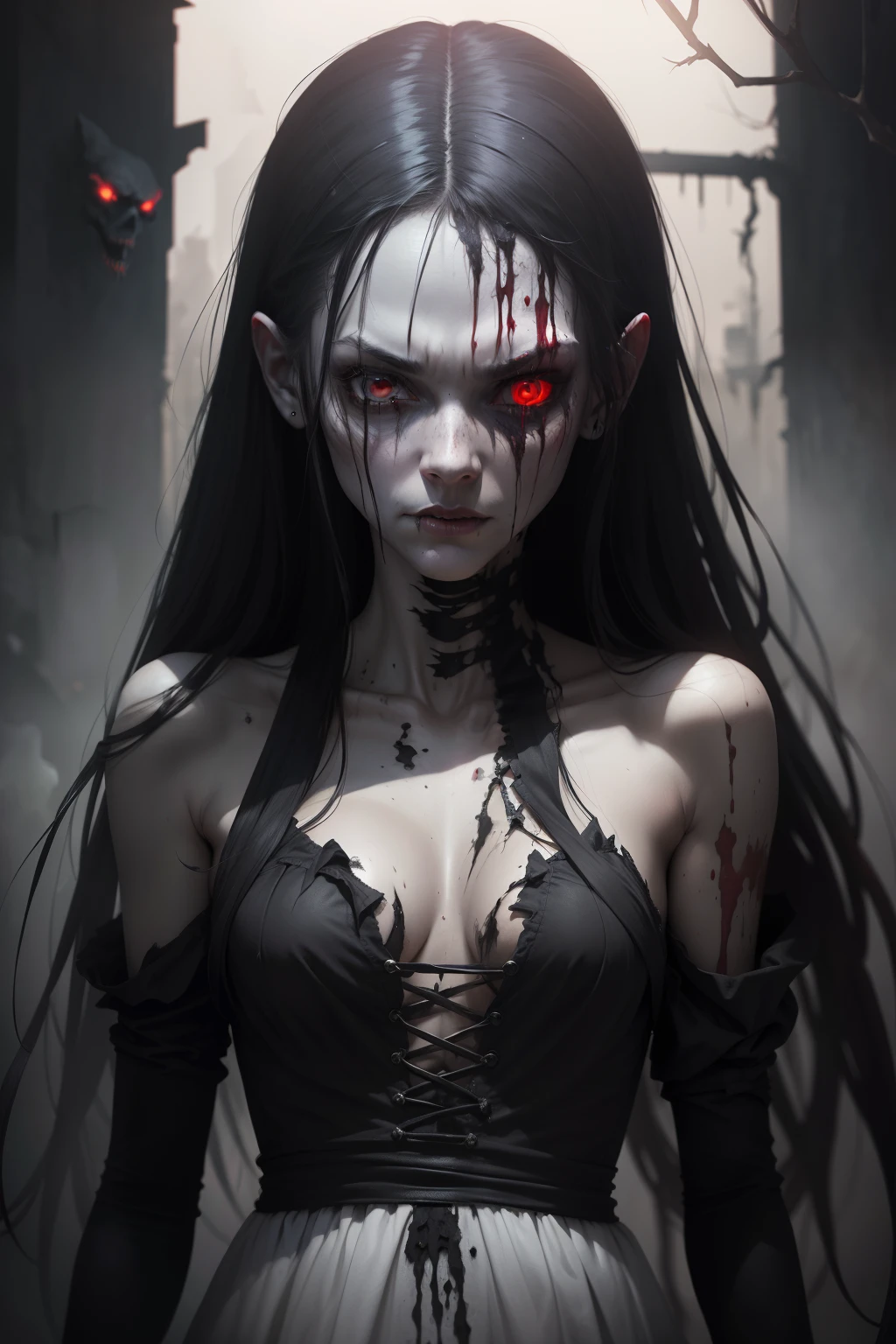 A very pal humanoid character, with red eyes, her name is (The Englewood Witch), she is crazy, nuts, horror, she is creepy, she is scary, shock value, very evil, she is skinny, evoke, fear, terror, dread, decay, disgust, she is a Psycho, dark, unusually thin, thin, scraggly, emaciated, twisted, frightening, sick, dark background, long white_dress, gore, bloody_hands, solo, (messy_long_dark_hair), fog, evil eyes, eyes glowing, fire in the background, (she is wearing a very dirty old torn_white_dress), covered in slugs
