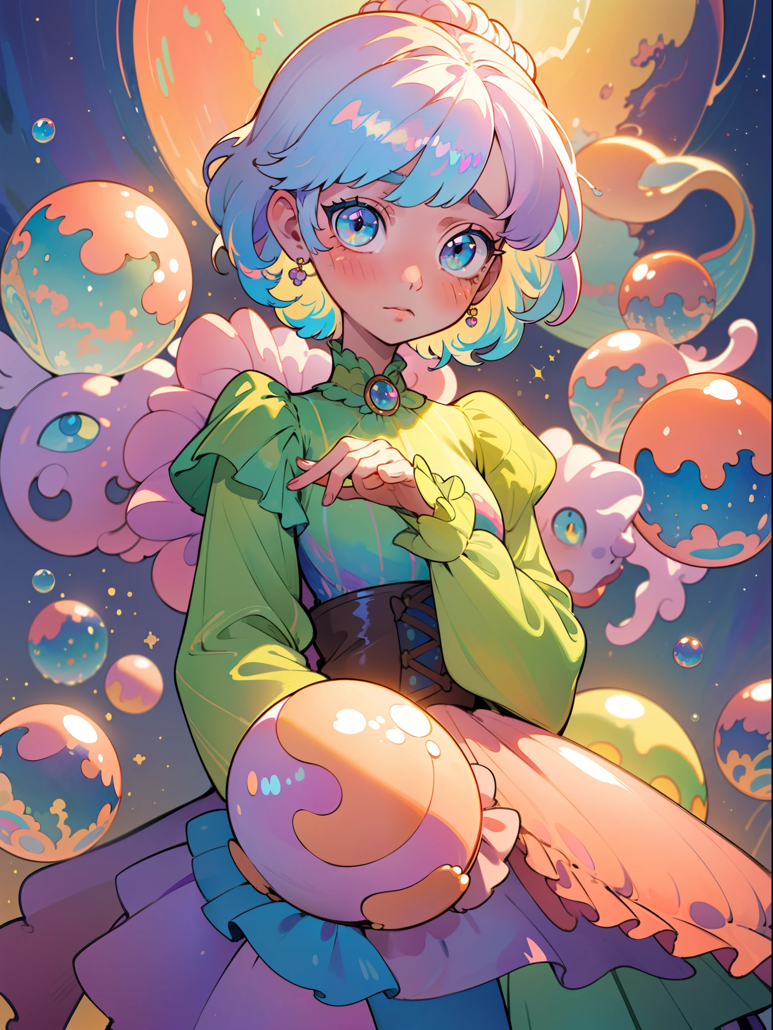 masterpiece, best quality, 8k resolution, sharp focus, intricate detail, beautiful girl, sparkling eyes, golden ratio face, otherworldly liquid, watercolor, pastel colors, bright colors, whimsical, colorful, sharp focus, high resolution, fine detail, ((layered tiered puffy long sleeves ballgown)), ((round eyes)), iridescent bubbles, fantasia background