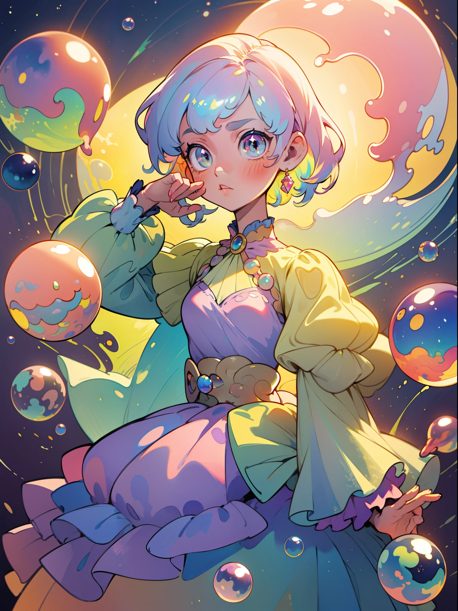 masterpiece, best quality, 8k resolution, sharp focus, intricate detail, beautiful girl, sparkling eyes, golden ratio face, otherworldly liquid, watercolor, pastel colors, bright colors, whimsical, colorful, sharp focus, high resolution, fine detail, ((layered tiered puffy long sleeves ballgown)), ((round eyes)), iridescent bubbles, fantasia background