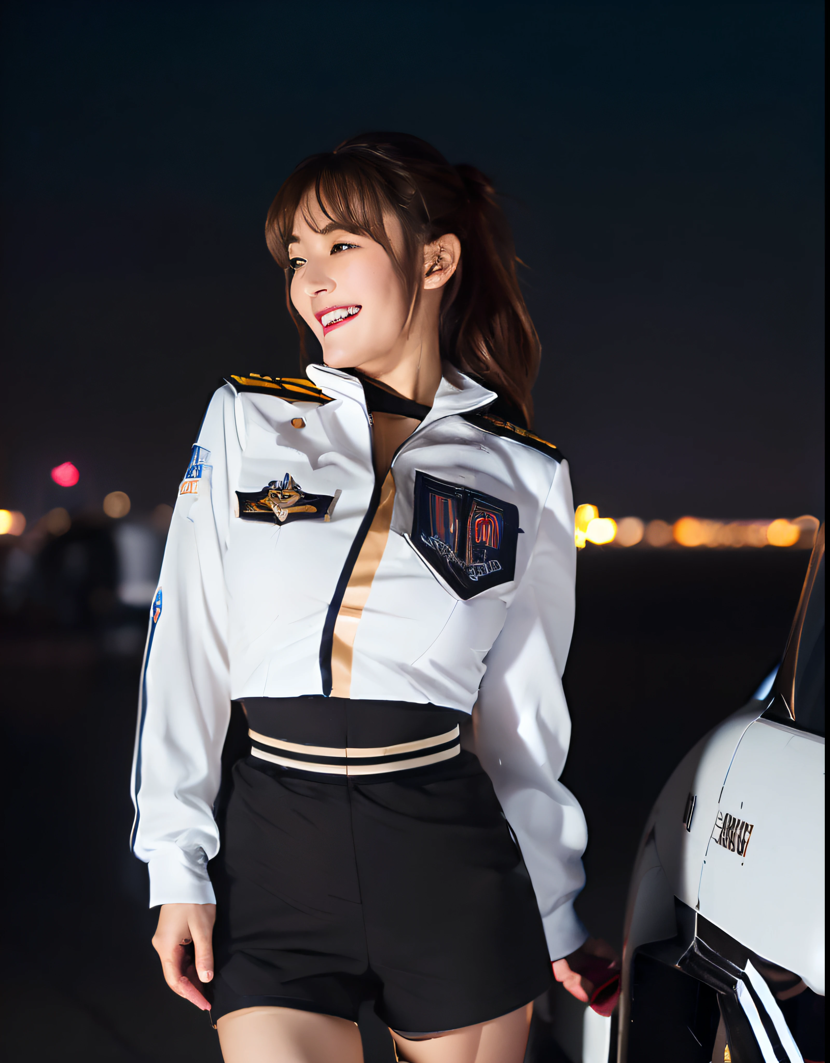 (Best quality, 8k, 32k, Masterpiece, UHD:1.2), (realistic:1.5), (masterpiece, Extremely detailed CG unity 8k wallpaper, best quality, highres:1.2), (ultra detailed, UHD:1.2), Photo of extremely cute and beautiful Japanese woman, (chestnut half-up hair:1.2), adult, (detailed beautiful girl:1.4), best quality, woman, adult, (pilot captain uniform:1.3), (white pilot captain shirt:1.5), (black high-waist shorts:1.3), (Beautiful night racing circuit view background:1.2), embarrassed laughing:1, looking at viewer, facing the viewer, ((perfect female body)), (narrow waist:1.2), (upper body image:1.3), slender, abs, (large breasted:1.25), frame the head,