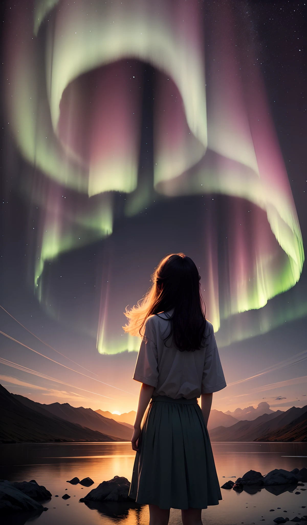 There are moons，There are stars。There are auroras。There are rivers。The back of the girl in the distance。