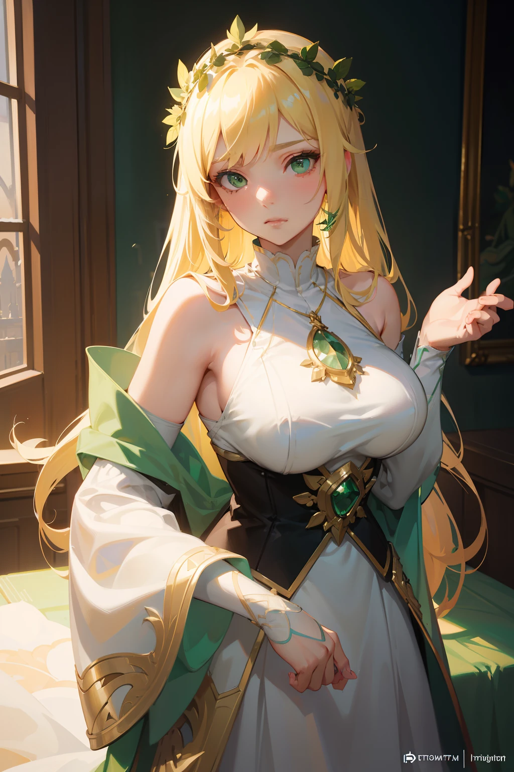 1girl, ((blond hair)), long hair, détailled eyes (((green eyes))), flower crown, freckle, (emerald pendant), white dress, overwatch, digital painting, cold colors palette, full color, highly detailed eyes, anime eyes, pretty face, blizzard, illustration, sharp focus, dramatic lighting, smooth, trending on artstation, cinematic, 8k, concept art, raytracing, elegant, reflections, art style from artgerm and wlop and alphonse mucha and greg rutkowski, background is a fantasy medieval city white.