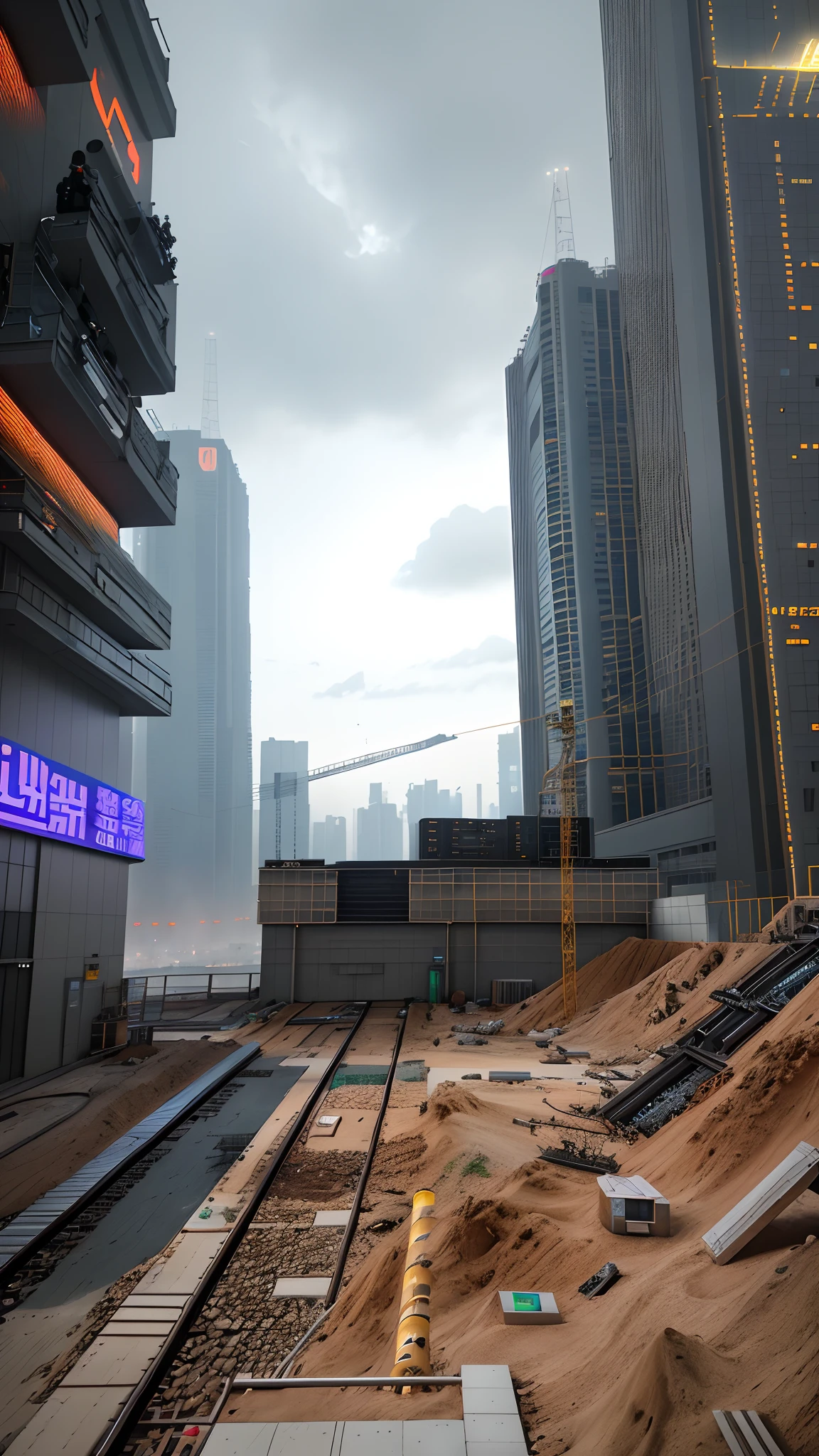 Think of the construction site as a cyberpunk dystopian scenario。Elements of the construction site are replaced by high-tech bioengineered plants that emit neon lights。The path is illuminated by embedded LED wires,Guide through the campus。The surrounding buildings are towering steel and glass structures,Decorated with holographic advertisements。The style should be inspired by the video game "Cyberpunk 2077",With a gritty futuristic aesthetic。The lighting should be low and atmospheric,Neon lights provide most of the lighting。The color scheme should be dark and moody,Vibrant neon colors break the monotony。Use a high-resolution 16K camera and wide-angle lens to capture the vast space of the construction area,And use a high aperture to keep everything in focus。The lens should be shot from a bird's-eye view,Demonstrate geometric layouts in a chaotic landscape --ar 21:9 --v 5.1