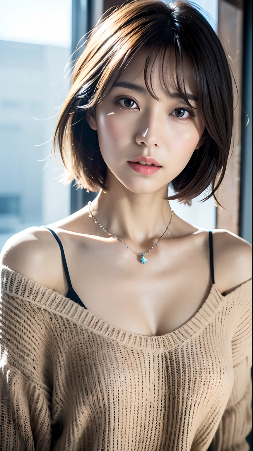 (Best quality, 8k, 32k, Masterpiece, UHD:1.2),Photo of Pretty Japanese woman, large breasts, very short bob hair,upper body,face focus,oversized_sweater, necklace, simple background, from above, looking at viewer,