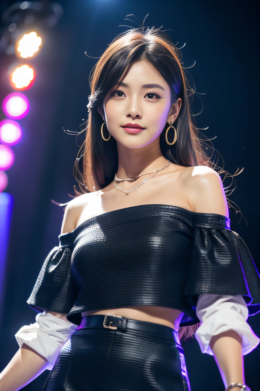 （8K分辨率，fully body photo，Realistic wallpapers），（1 female，18yr old，（Rina Kuroki's facial features：1.6，Broad bone surface，babyfat，s delicate face），com rosto detalhado，（Delicate Japanese makeup，Stage pop makeup），Lovely face，com rosto detalhado，详细的脸，Ultra-fine makeup，Black colored eyes，（Look into the distance），Big wavy long hair，（By bangs，dual horsetail，Messy hair，Messy has layers），Redlip，Fair smooth skin，（Best Skin Type：1.21），mediuml breasts，（Off-the-shoulder white shirt，Ultra shorts，（materpiece：terylene，Lycra cotton，elasticity），big earrings，Fashion necklace，high-heels），Tall and tall，perfect hand，Ultra-fine clothing material），（Stage performances，Exquisite stage details，（Vista view of the catwalk，Outdoor catwalk，Tokyo fashion show，neonlight，There were a lot of spectators in the audience，Model on the catwalk）），（exhilarated，confident smile，Rejoice），（Various stage lighting assistance，profesional lighting，动态照明），（（vibrant with colors，Reserved，ellegance，vivaciousness，（white colors，purpleish color，blue colors，In pink））），（Golden section，Cinema lenses，Hasselblad photograp，tmasterpiece：1.3），（Pure，adolable，Sunny and lively，petite，boisterous，dream magical，Little woman，trendsetting，Street style，Artis，Art platform