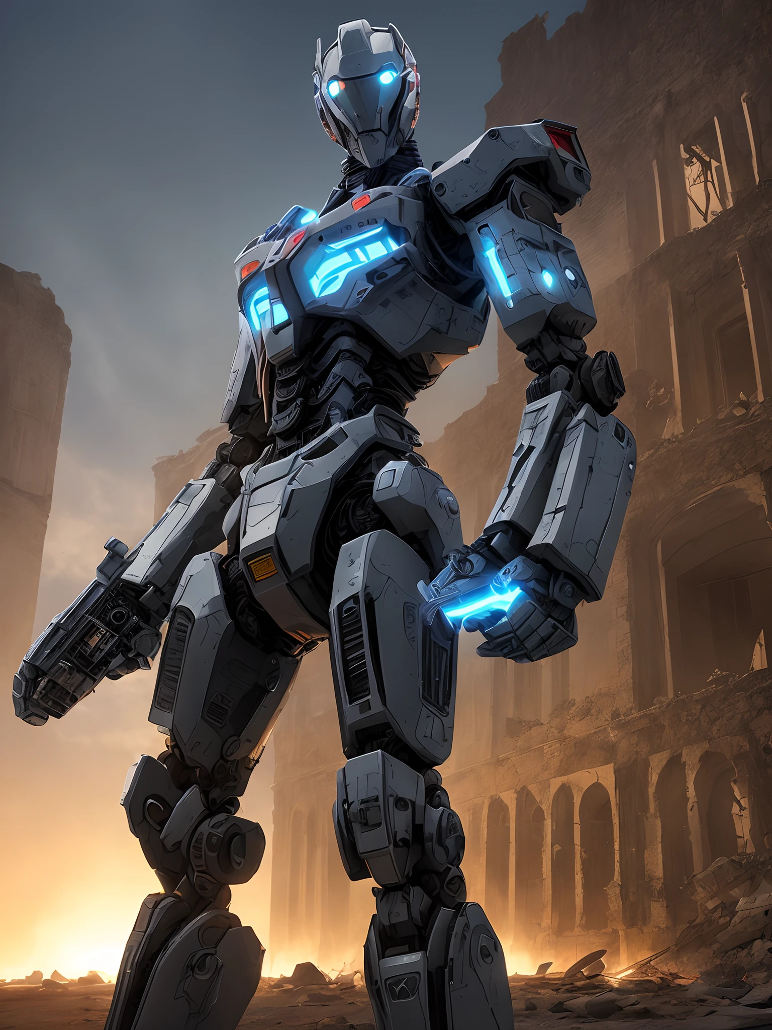 Humanoid Mech Line Processor Glow Bloodthirsty Aura 8K Epic City Central Inside the Ruins