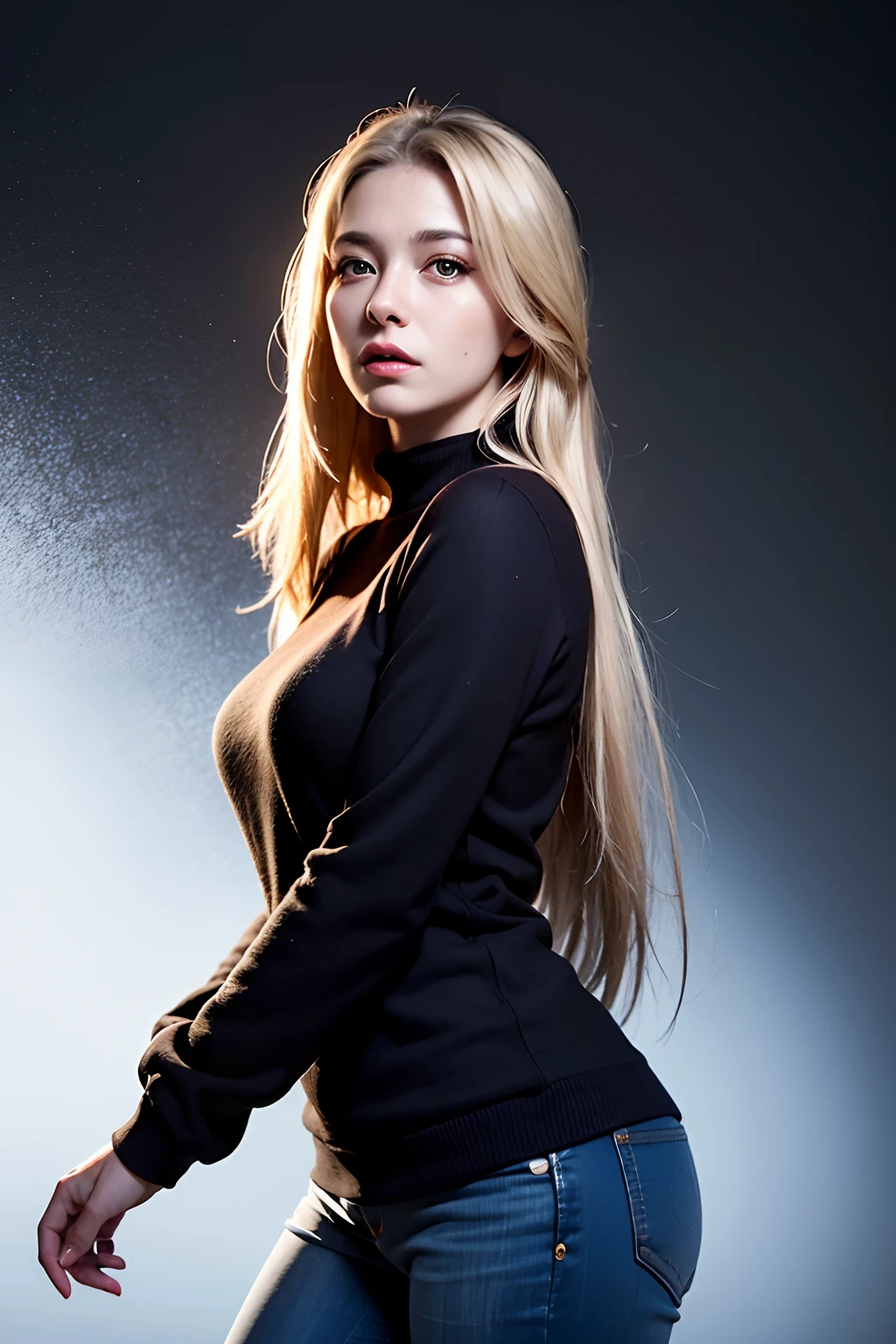 Best quality, masterpiece, ultra high res, (photorealistic:1.4), raw photo, 1girl, long hair, gold hair, detailed eyes and face, black sweater, dynamic lighting, in the dark, deep shadow, low key, cowboy shot