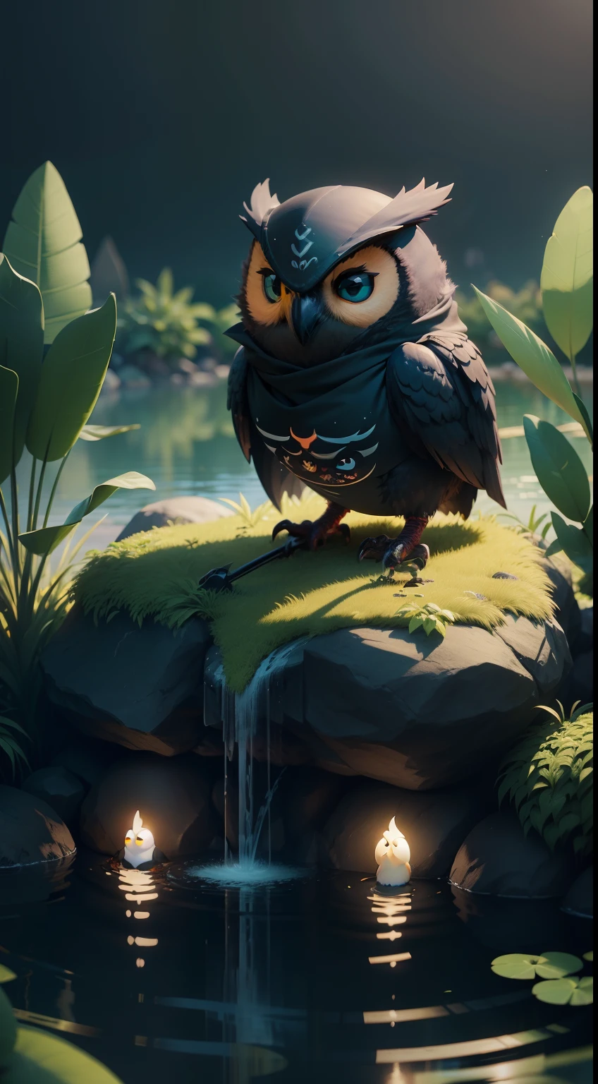 create a vibrant dark fantasy cute ninja owl in a clean-lined minimalistic cartoon style, in the background a pond with greenery all around on a fabulous evening, octane render, 8k
