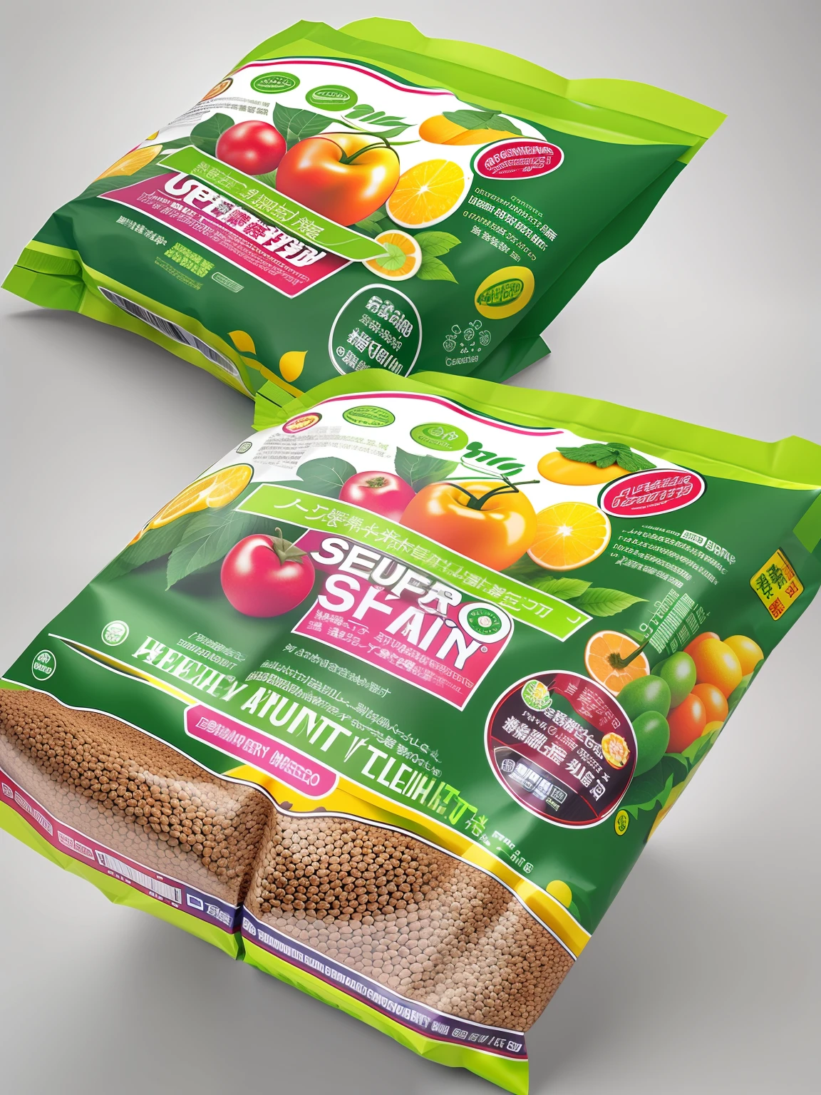 Designed for health、Safe fertilizer packaging bags for fruits and vegetables, Requirements must be reflected "wholesome、Safety"conceito!Add some fruit and vegetable products appropriately!The main color is green, The secondary color is yellow,to complement the flavor of the layout!The bag size is:31*51, Three-dimensional packaging, stereograms, hyper HD, Super detail, High details, 16k, Best quality, A high resolution, High quality