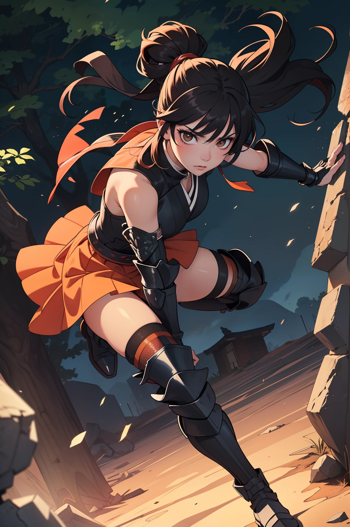 dramatic, gritty, intense, anime character, dynamic fighting pose, 1girl, solo, dark black hair, (tied up hairstyle), wearing gloves, (wearing samurai armor, armored gauntlets, armored boots, thighhigh boots), (wearing a skirt, orange skirt. pleaded skirt), modern art, hair covering eyes, (clenched fists), forest, beautiful face, beautiful eyes, (brown eyes), vibrant colors, night, highest quality digital art, Stunning art, wallpaper 4k, 8k, 64k, HD, unparalleled masterpiece, full body, dynamic lighting, cinematic, epic, cowboy shot