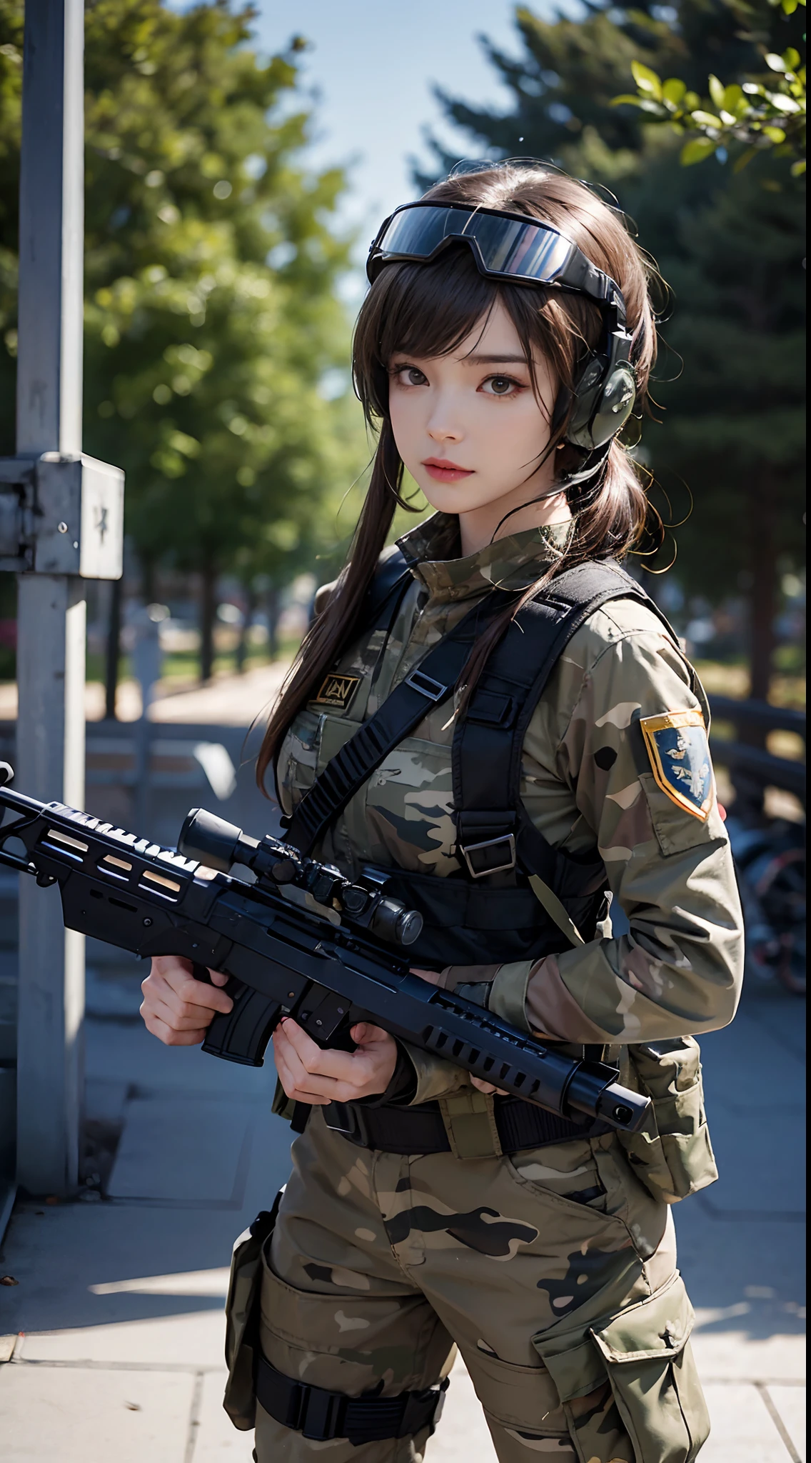 Assault_rifle,Blurry,Blurry_Background,Blurry_foreground,A pit bull,colours_aberration,Depth_af_Field,fingerless_mitts,mitts,goggles,goggles_On_Head,headset on head,heckler_&_koch,helmet,Holding_Gun,Holding_arma,Military,Exercise_bblurry,multiple_Boys,multiple_Girls,Photo_(mediating),Realistic,soldier,Solo_Focus,suppress,trigger_Discipline,uniform,arma,A masterpice,tmasterpiece,A high resolution,high qulity,The picture is fine,((commando,camouflage uniform)),Face the lens,heroic look
