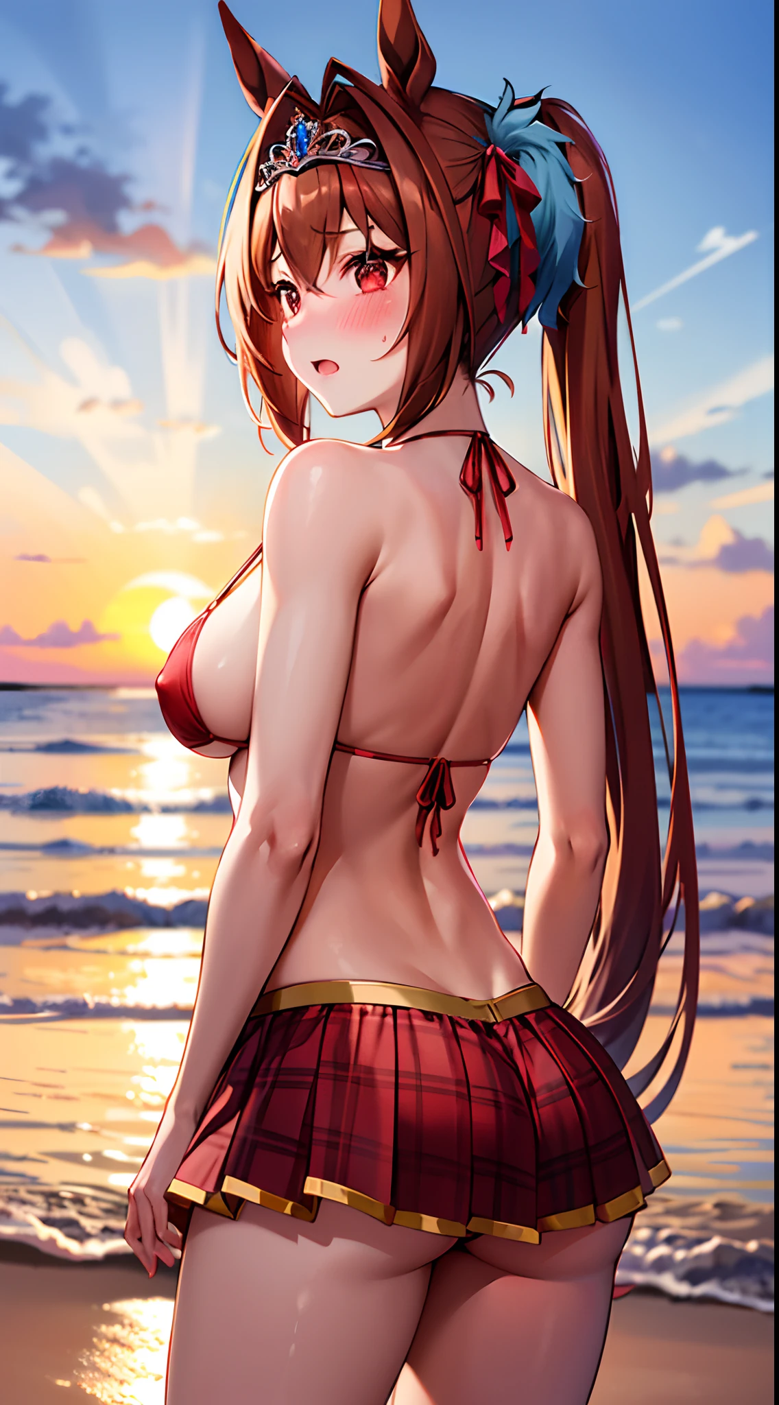 ​masterpiece, Best Quality，top-quality，{{{Daiwa Scarlet \Umamusume}}}，{{{Twin-tailed}}}，very long twintails，horse ear，Brown hair，tiarra，{{{Tiara on the head}}}，red blush，Nasty face，Red eyes，big breasts，protruding nipples，女の子1人，Red Brazilian Bikini，{{{Red Brazilian Bikini}}}，{{{Red cover-up skirt}}}，{{{the beach}}}，Beautiful sunset，Fantastic backlighting，bare-legged，Upper body only photos