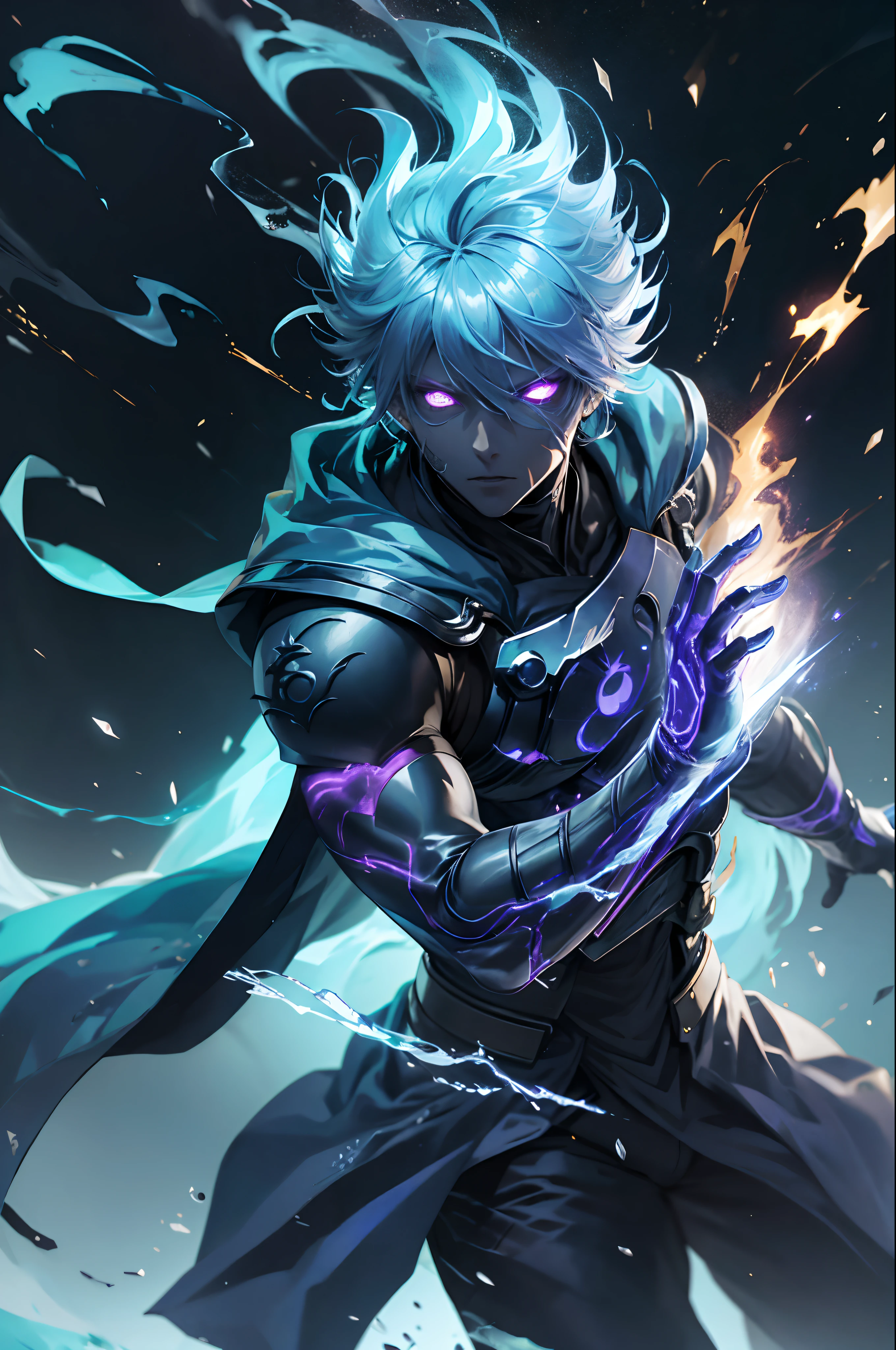 epic anime style, purple lightning, evil temperament, 20-year-old male shadow assassin, glowing black aura, shadow supervisor, handsome face, brilliant and majestic. Beautiful standard body and complete body structure. full body shot of a man with lightning in his hand, an epic anime about a purple energy man, in a battle stance with dark hair and glowing eyes looking at the viewer. Cool Gapmoe Yandere, menacing look, gintama's Hijikata Toushirou, inspired by Masanobu Okumura, the originator of the anime art style, Nobutaka Ike, the night war rages behind him. Highest image quality 8K, details everything 8K.